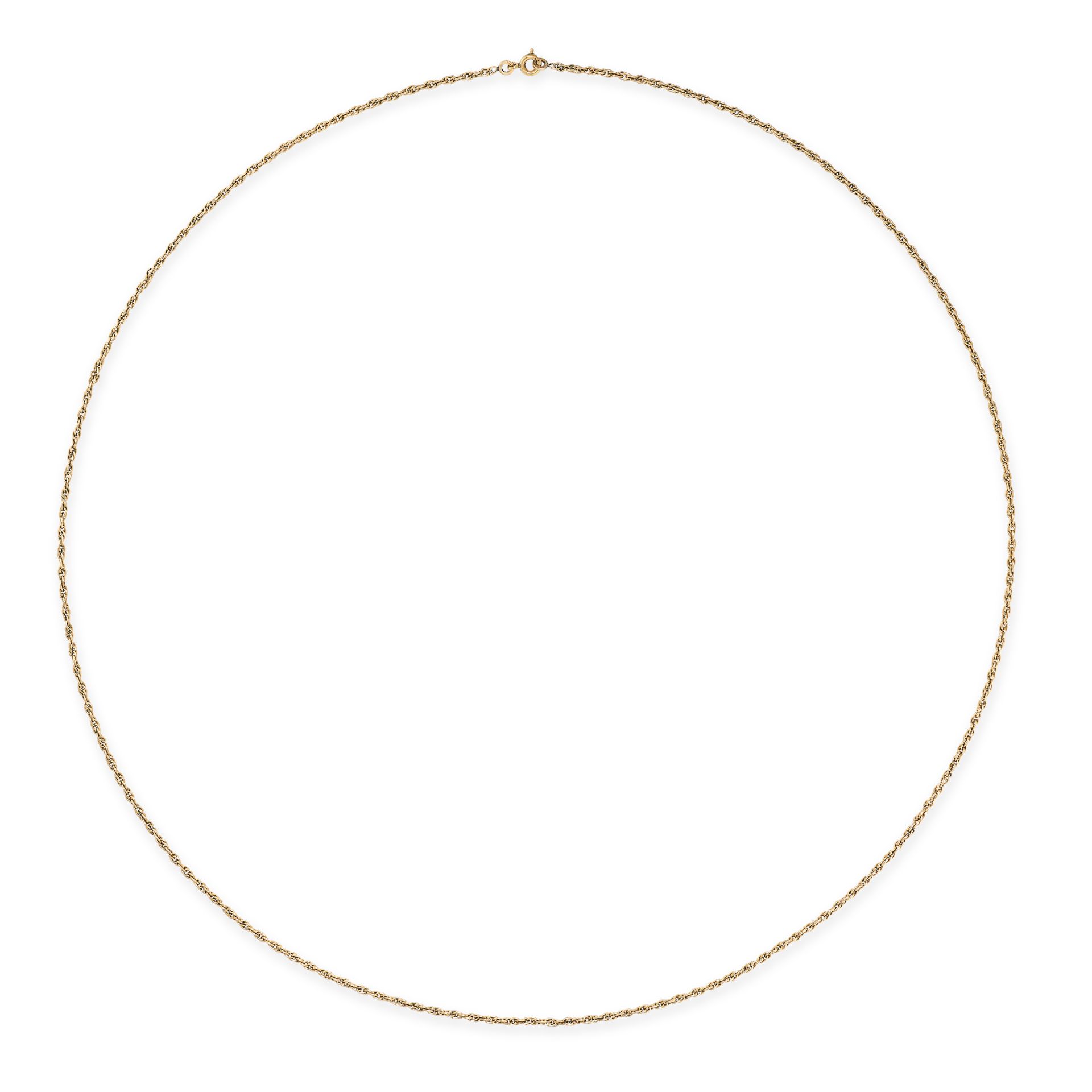 A GOLD PLATED LONG CHAIN NECKLACE comprising a series of interlocking fancy links, stamped plaque...