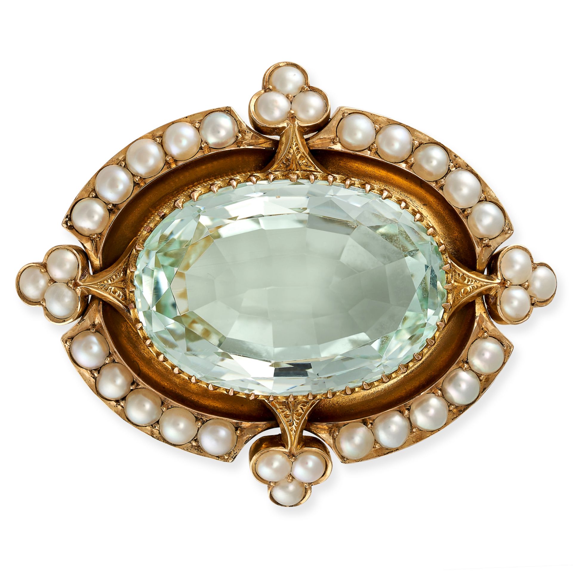 AN ANTIQUE AQUAMARINE AND PEARL BROOCH in yellow gold, set with an oval cut aquamarine of approxi...