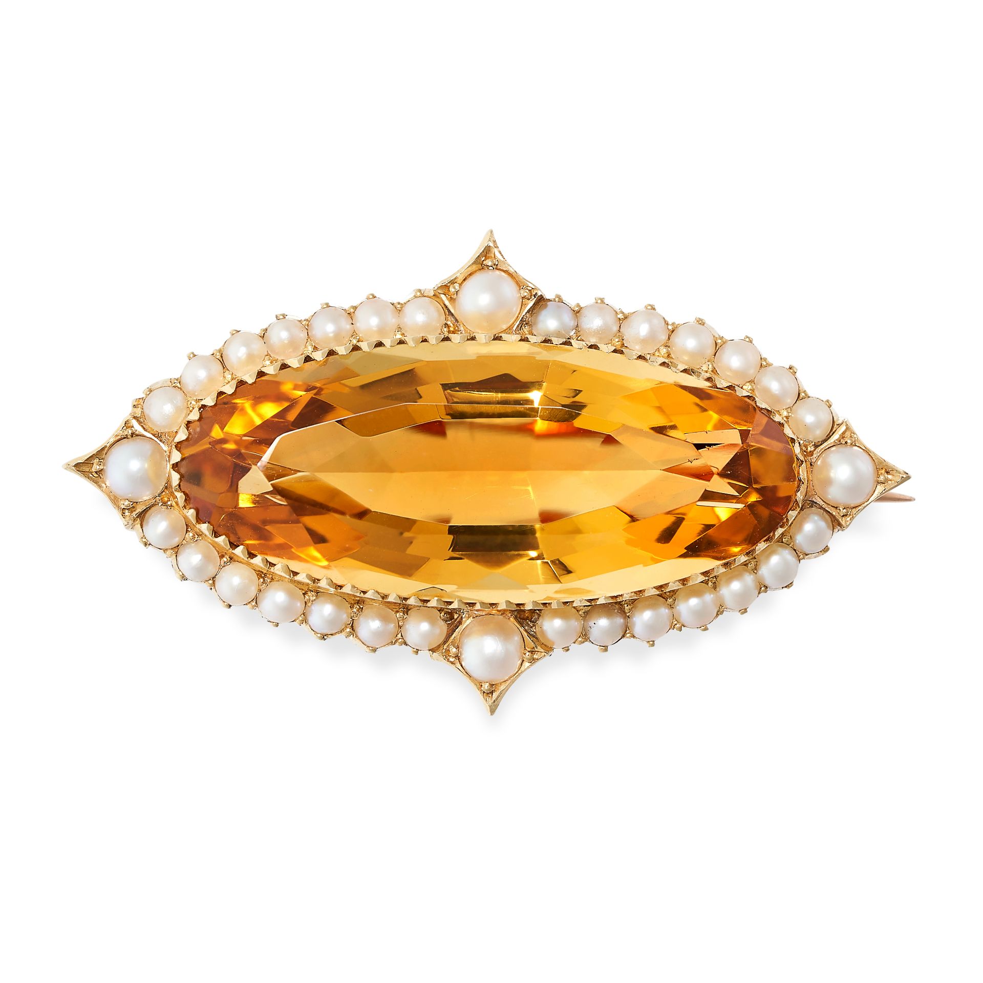 AN ANTIQUE CITRINE AND PEARL BROOCH, 19TH CENTURY in yellow gold, set with an oval cut citrine of...