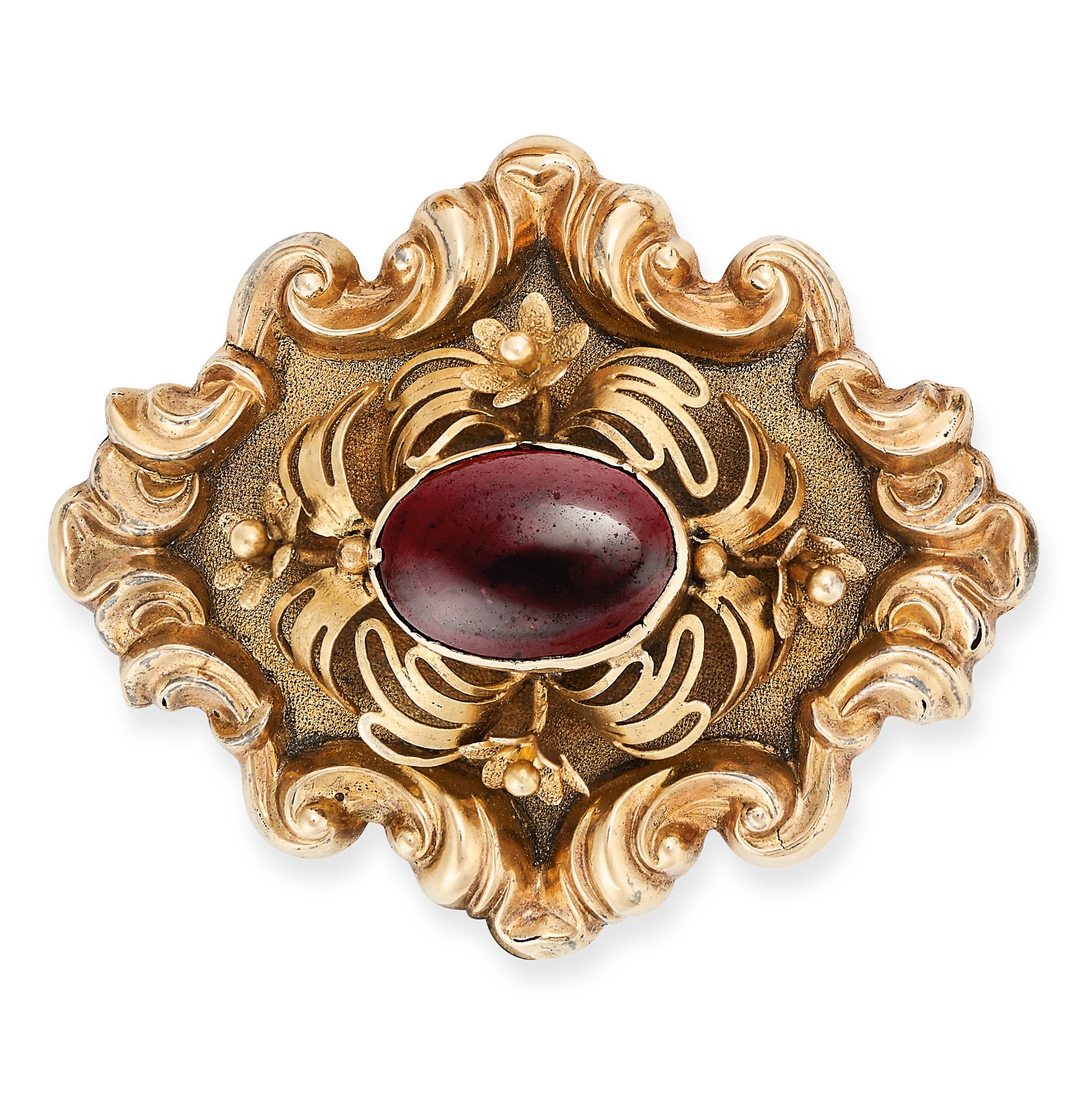 AN ANTIQUE GARNET BROOCH the scrolling body set to the centre with a cabochon garnet in a foliate...