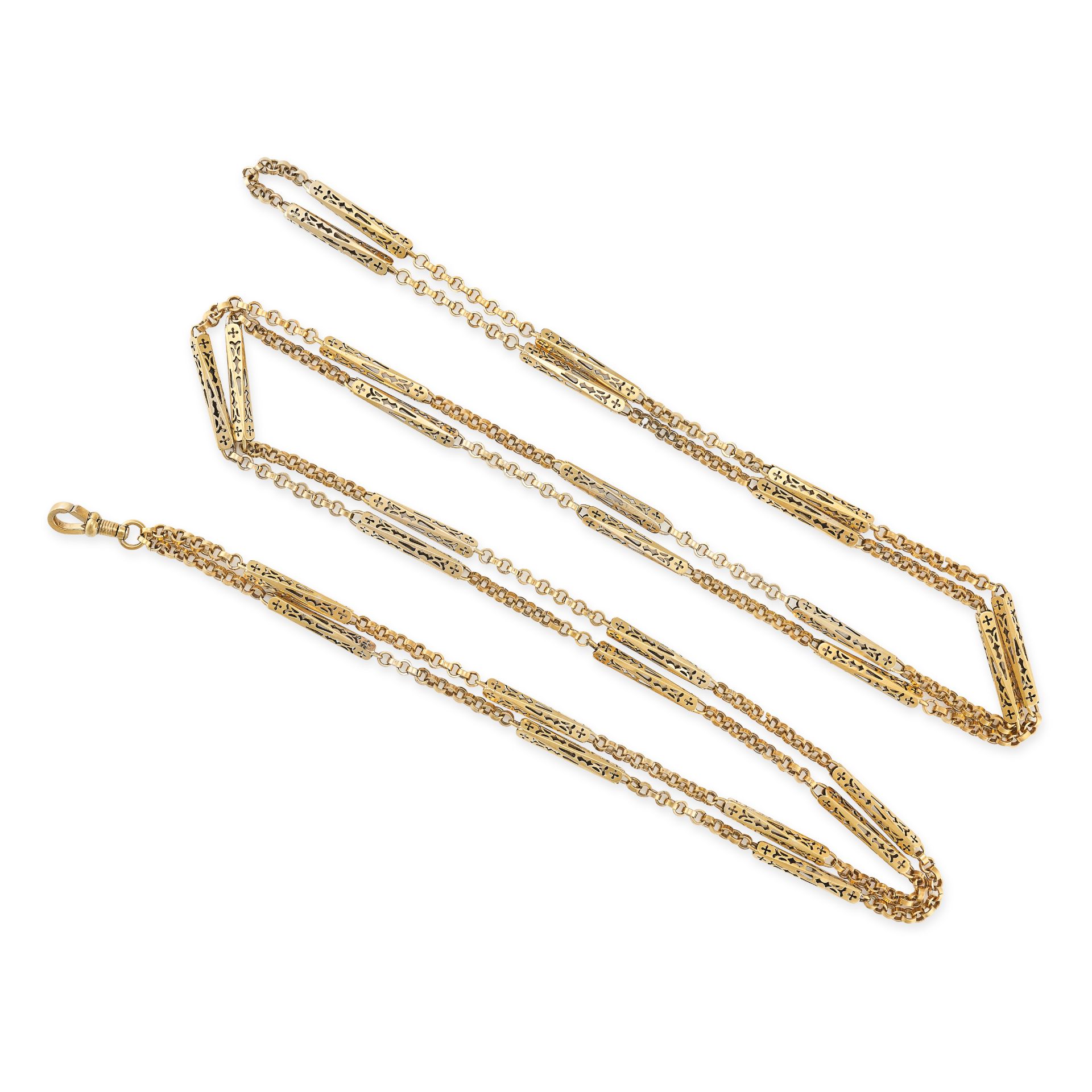 AN ANTIQUE GOLD GUARD CHAIN NECKLACE, 19TH CENTURY in yellow gold, comprising a row of belcher an...