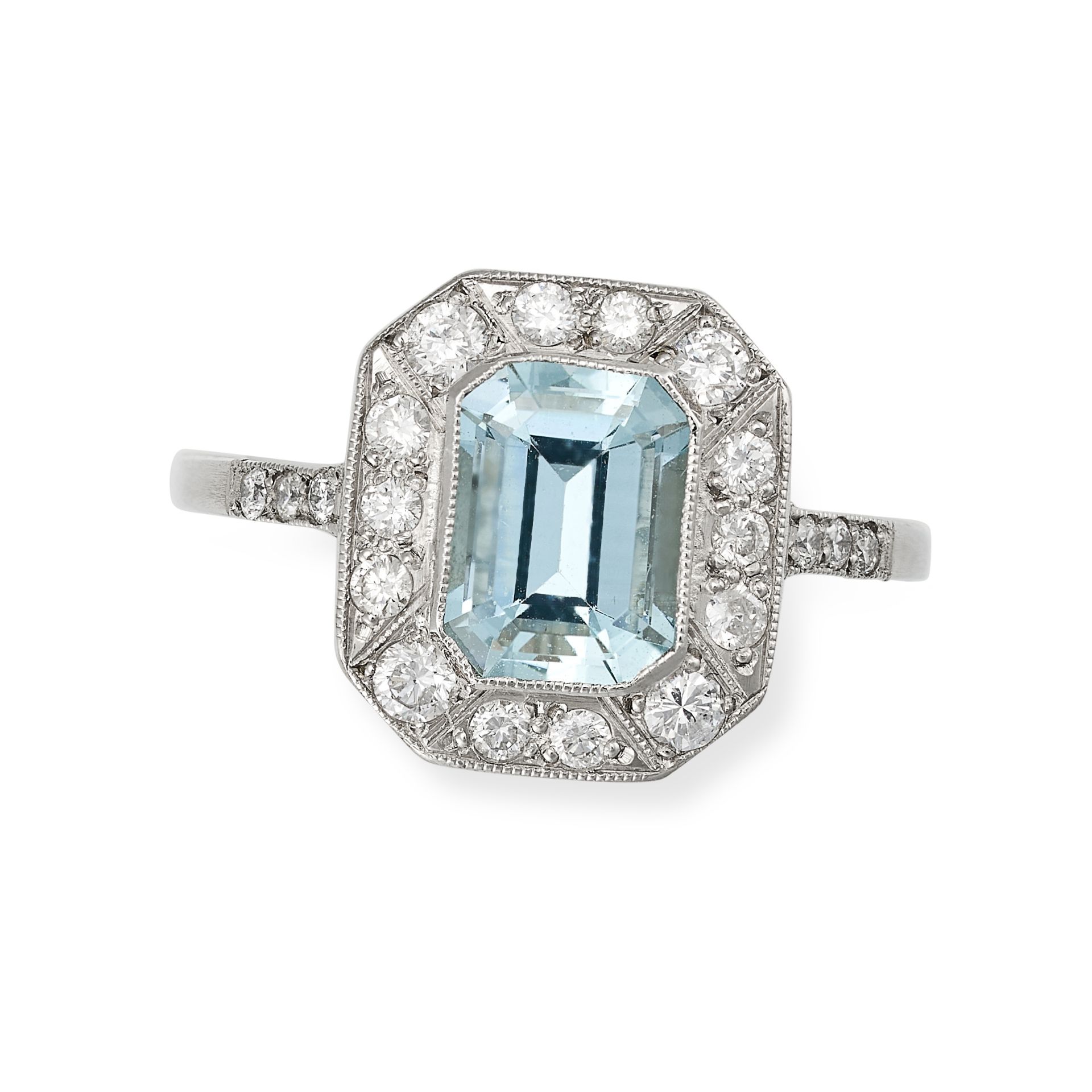 AN AQUAMARINE AND DIAMOND RING in platinum, set with an octagonal step cut aquamarine of approxim...