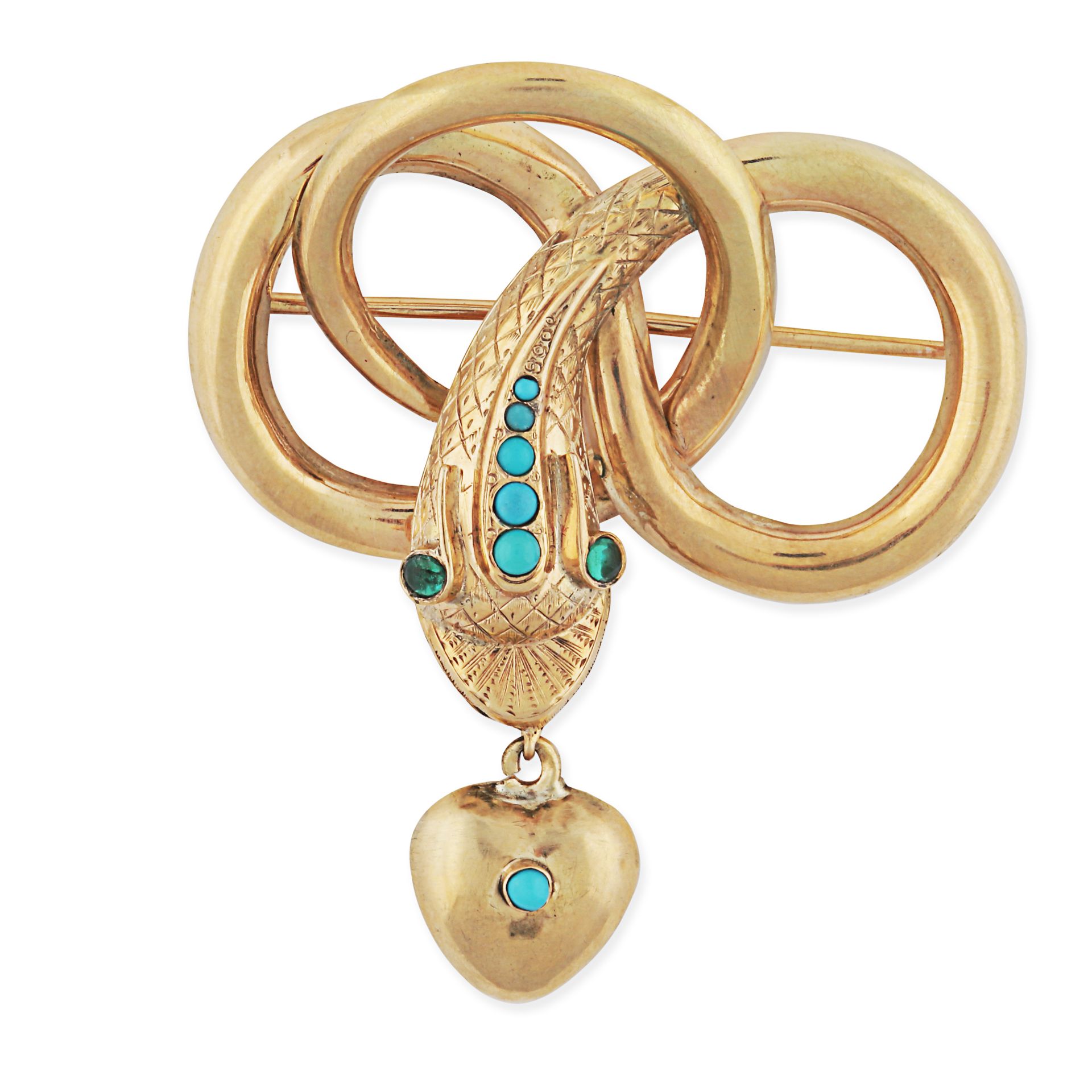 AN ANTIQUE TURQUOISE AND EMERALD SNAKE BROOCH in yellow gold, designed as a snake coiled around i...