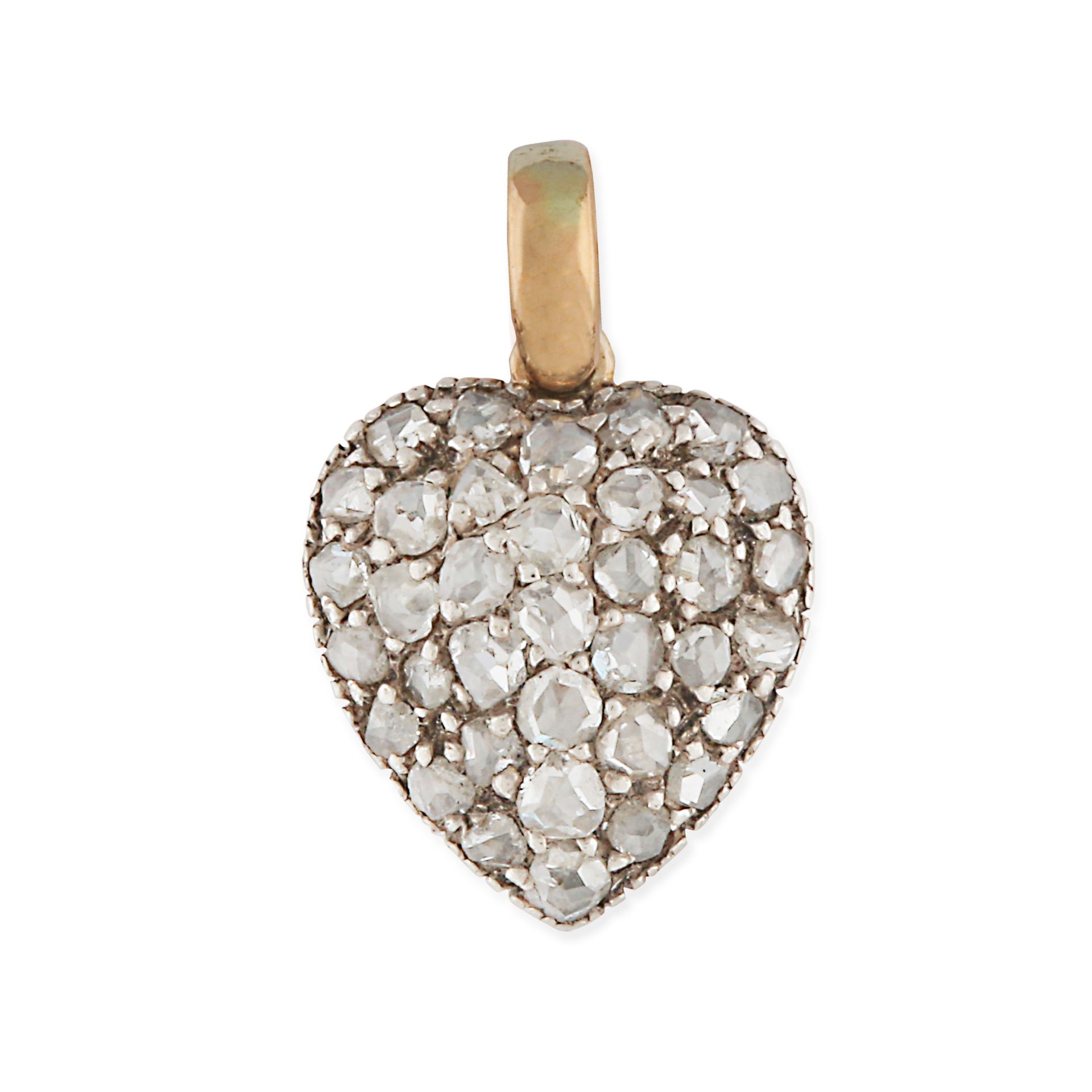 AN ANTIQUE DIAMOND HEART CHARM / PENDANT in yellow gold and silver, designed as a heart set throu...