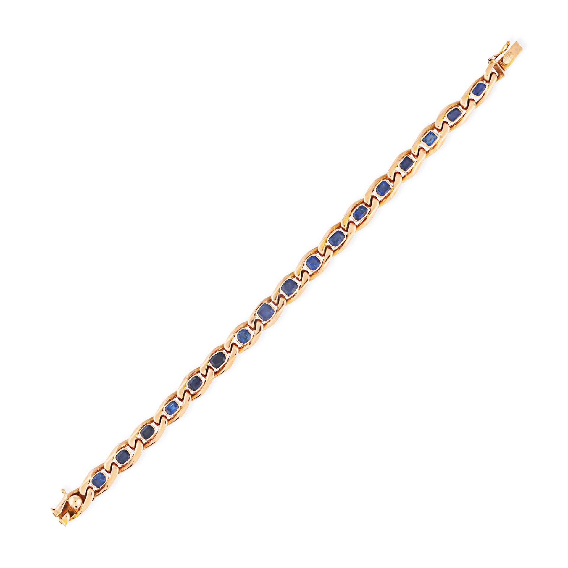 A SAPPHIRE CURB LINK BRACELET in yellow gold, comprising a row of elongated curb links, each set ... - Image 2 of 2