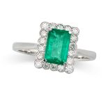 AN EMERALD AND DIAMOND CLUSTER RING in 18ct white gold, set with an octagonal step cut emerald of...