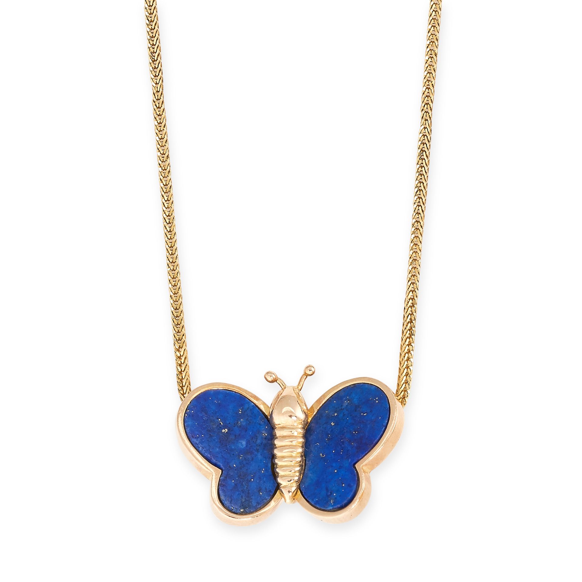 A LAPIS LAZULI BUTTERFLY PENDANT NECKLACE in yellow gold, in the form of a butterfly with lapis l...