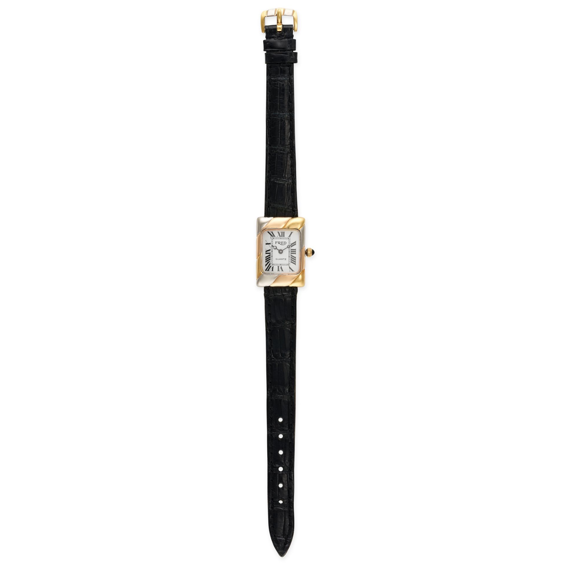 FRED, A TRI-COLOUR GOLD WRISTWATCH in 18ct yellow, white and rose gold, white dial with painted R...