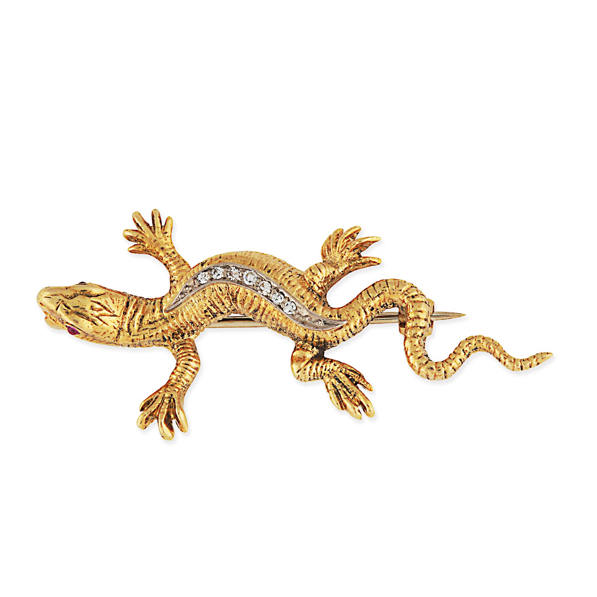 A VINTAGE DIAMOND AND RUBY LIZARD BROOCH in 18ct yellow gold, designed as a lizard accented by a ...