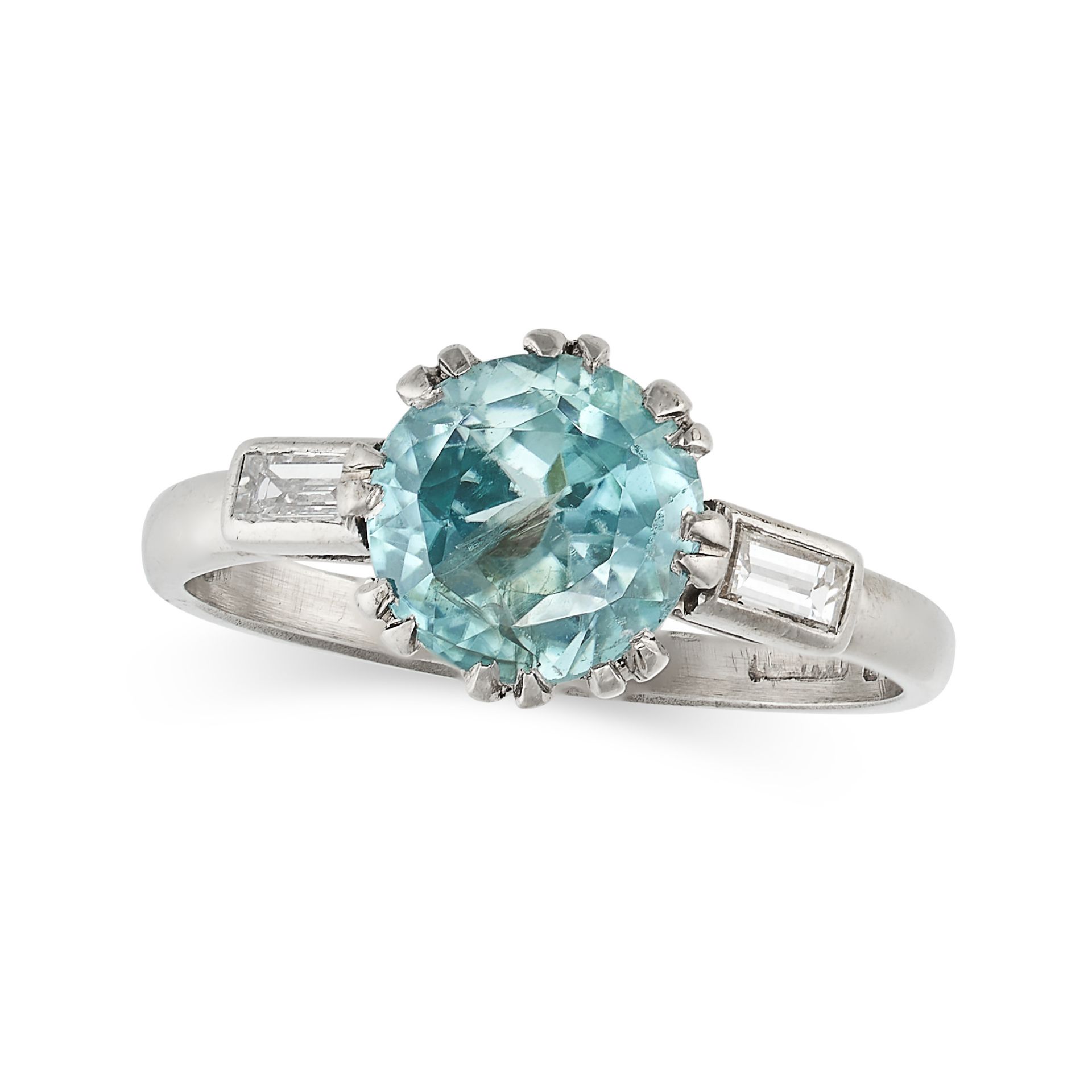 ALBION, A BLUE ZIRCON AND DIAMOND RING in 18ct white gold, set with a round cut zircon between ba...