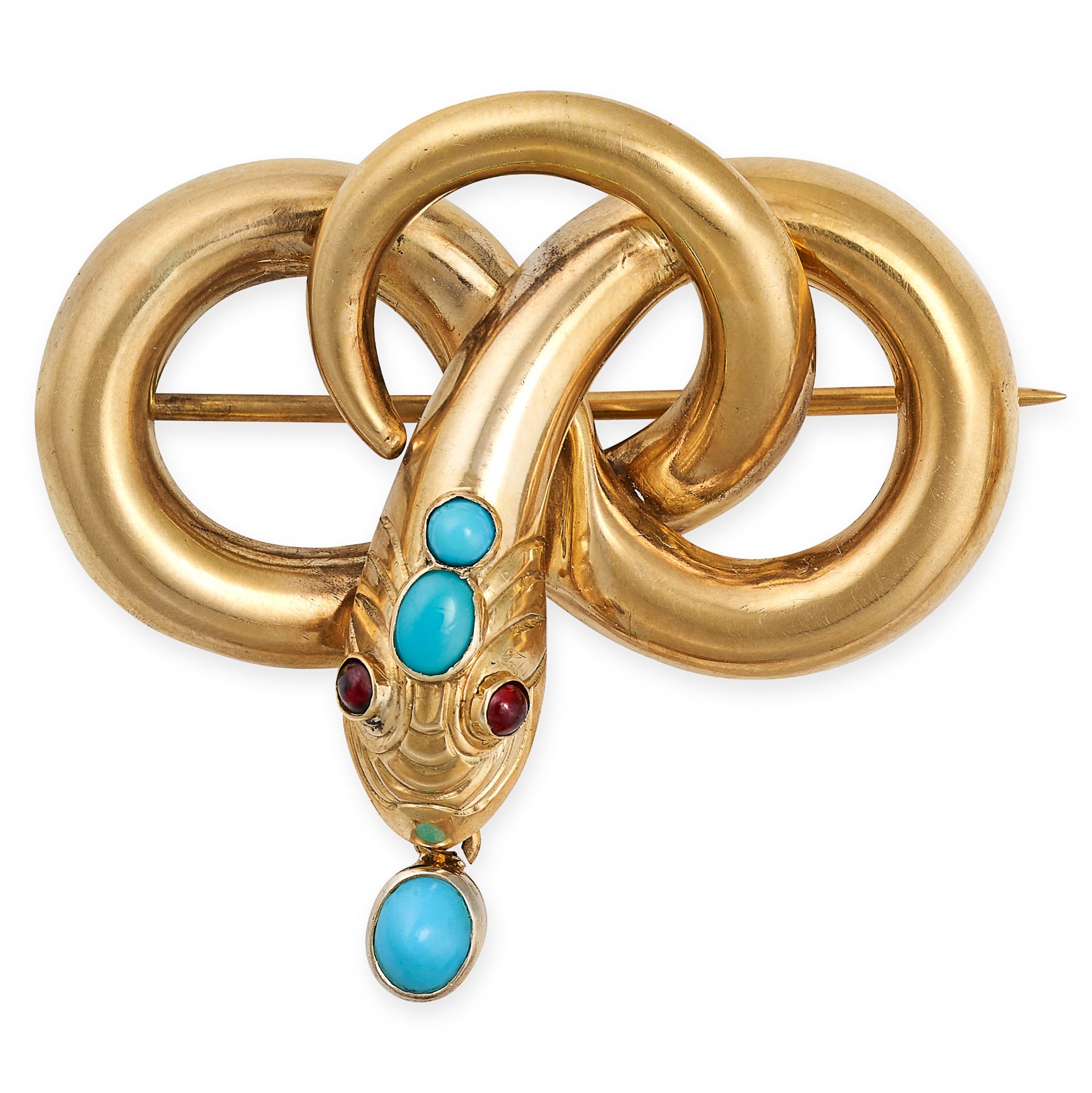 AN ANTIQUE VICTORIAN TURQUOISE AND RUBY SNAKE BROOCH in yellow gold, designed as a snake coiled a...