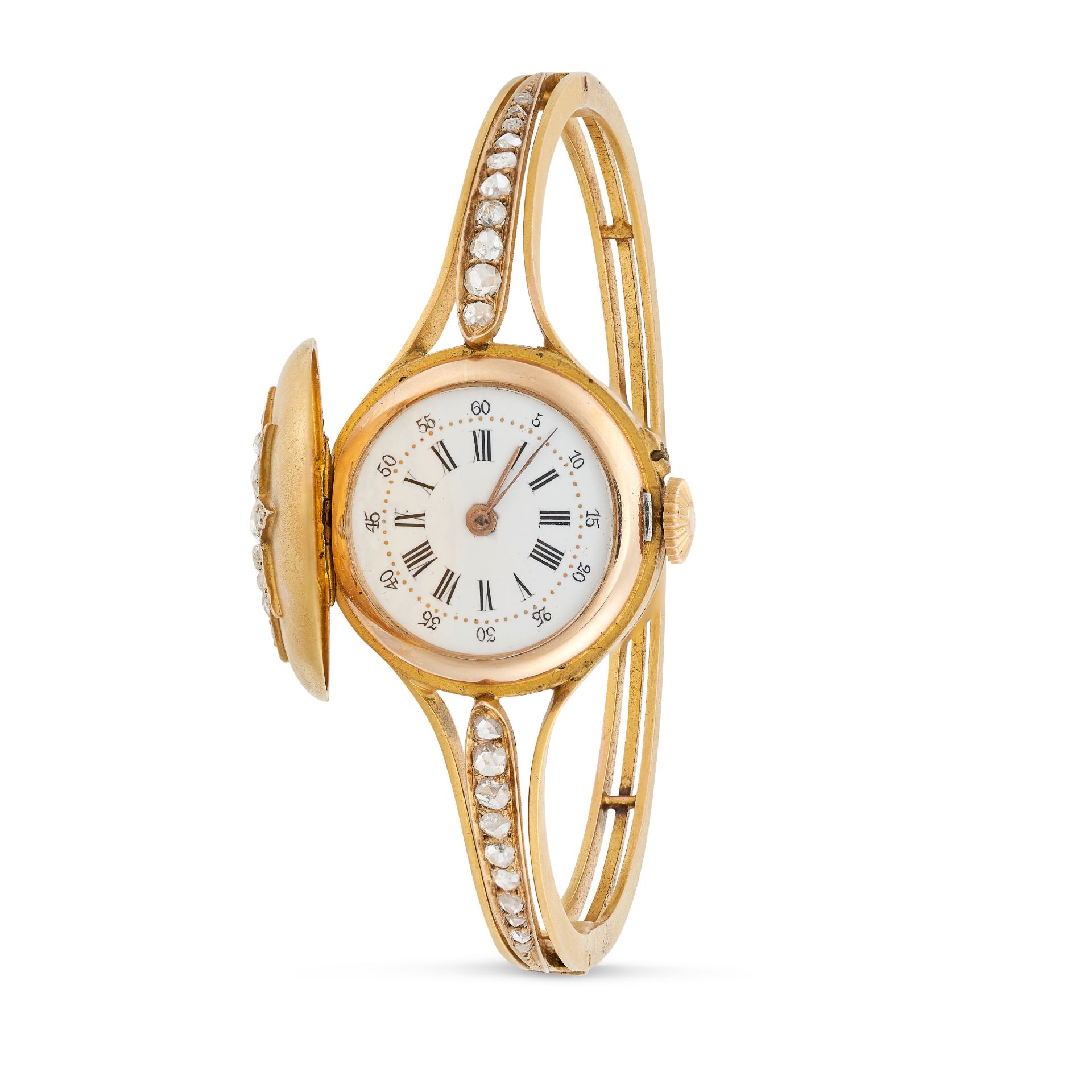 A FINE ANTIQUE DIAMOND WATCH BANGLE in yellow gold, the circular dial with hinged cover set with ... - Image 2 of 2