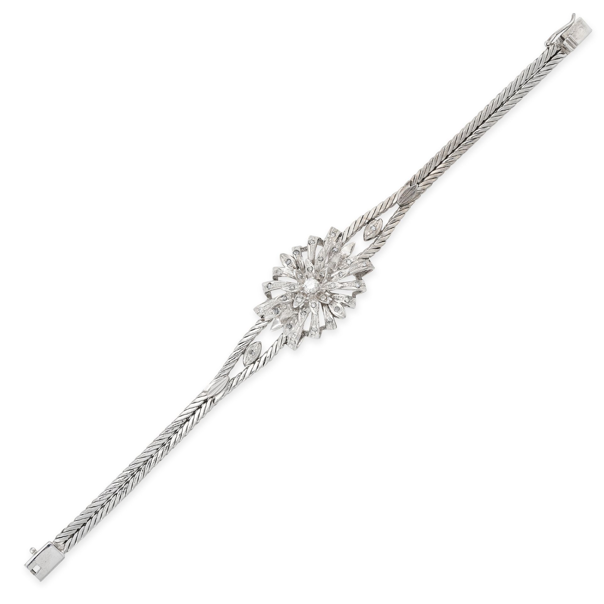 A VINTAGE DIAMOND BRACELET in 18ct white gold, set to the centre with a round brilliant cut diamo...