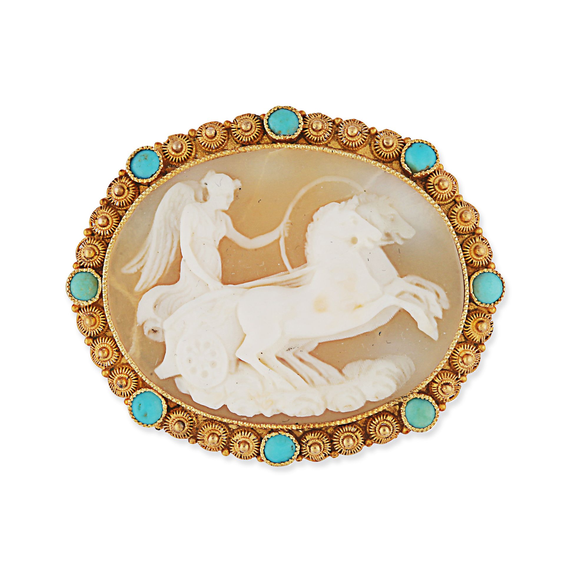 AN ANTIQUE TURQUOISE CAMEO CLASP, 19TH CENTURY in yellow gold, set with a cameo carved to depict ...