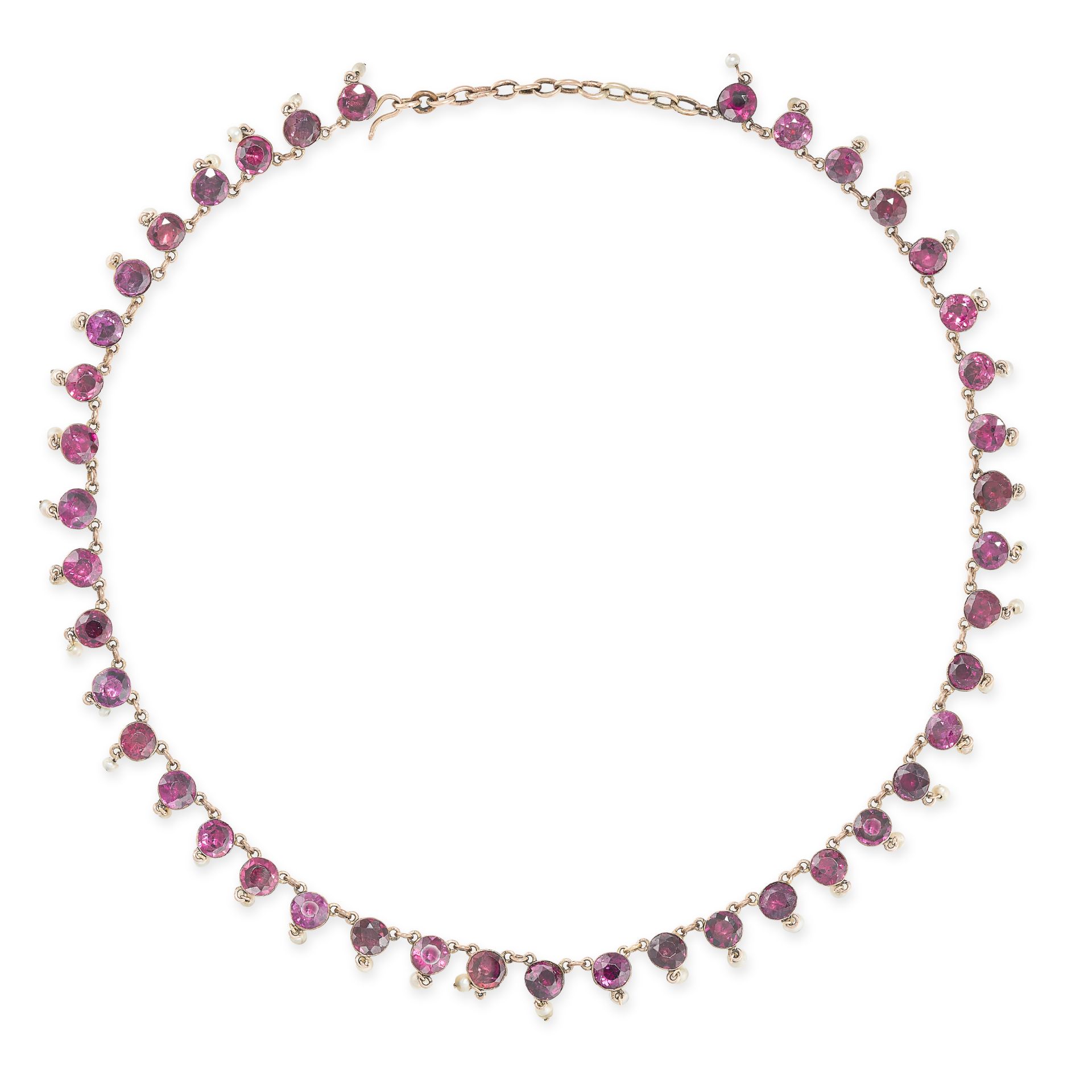 AN ANTIQUE GARNET AND PEARL NECKLACE, 19TH CENTURY in yellow gold, comprising a row of round cut ...