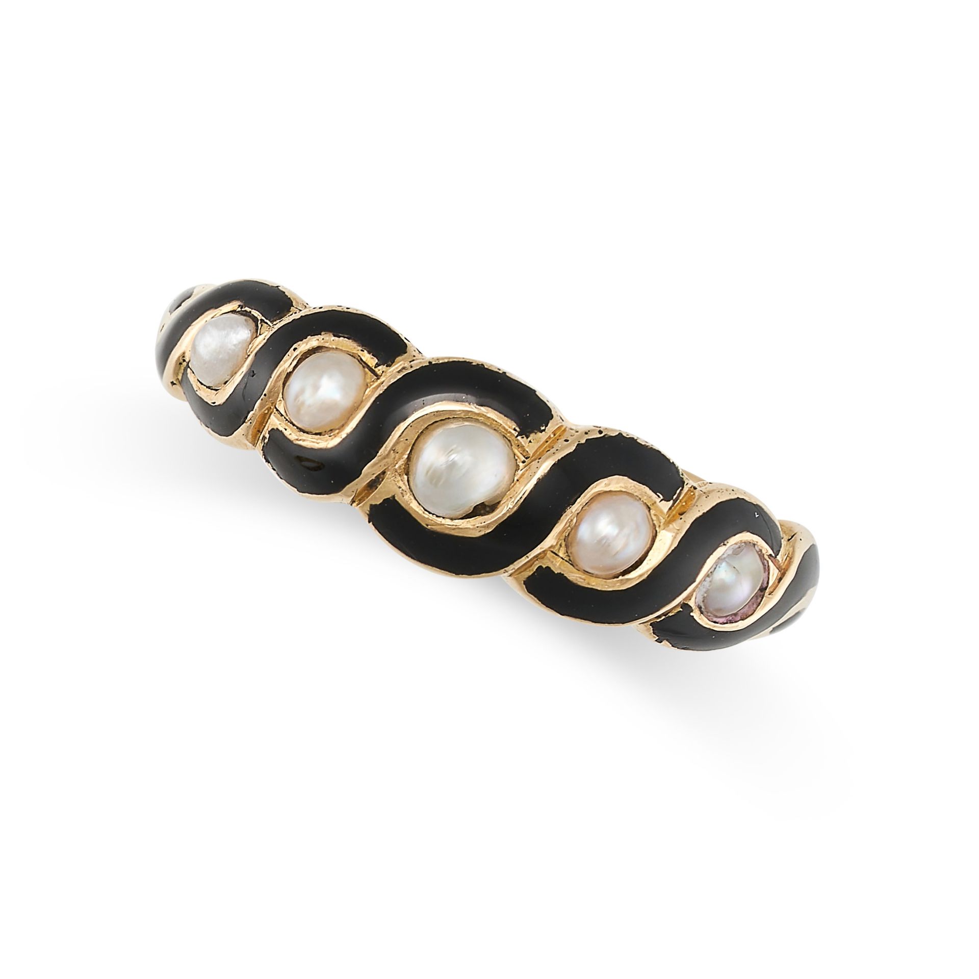 AN ANTIQUE PEARL AND ENAMEL RING in yellow gold, set with five pearls accented by black enamel, t...