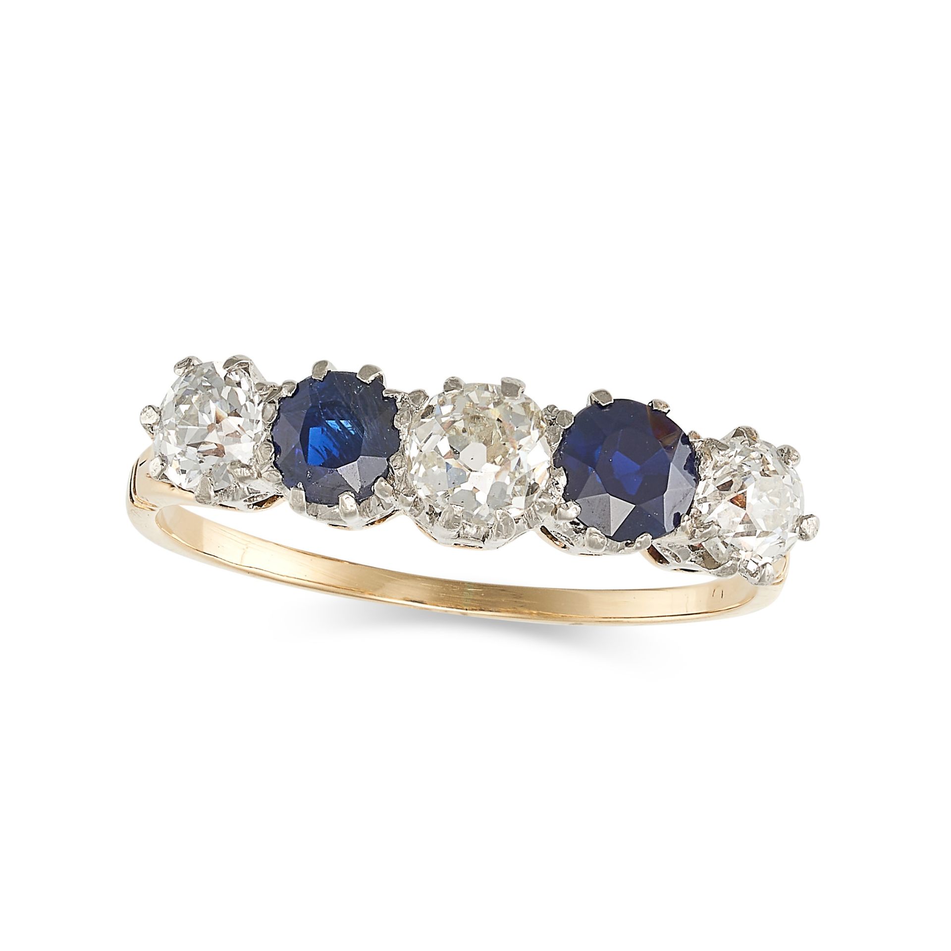 AN ANTIQUE SAPPHIRE AND DIAMOND RING in yellow gold, set with a row of alternating old cut diamon...