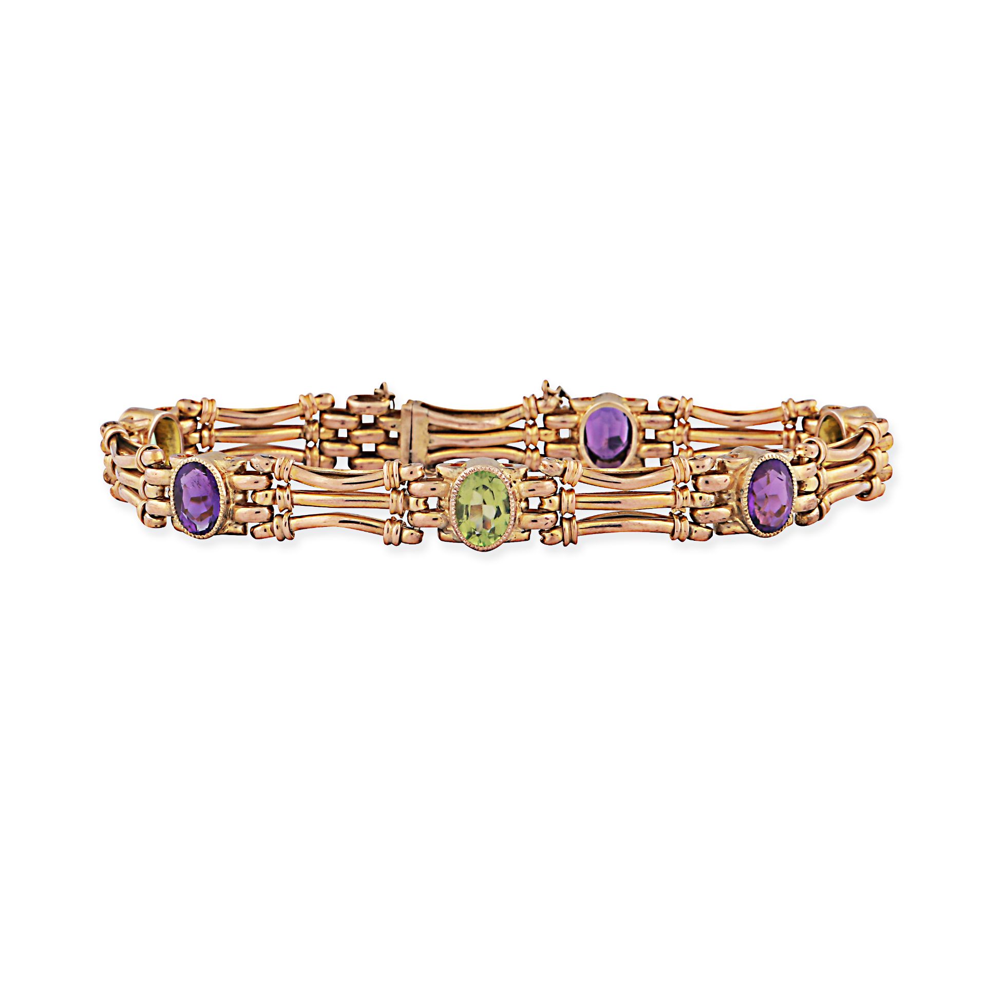 AN ANTIQUE AMETHYST AND PERIDOT BRACELET in 9ct yellow gold, comprising a row of fancy links set ...