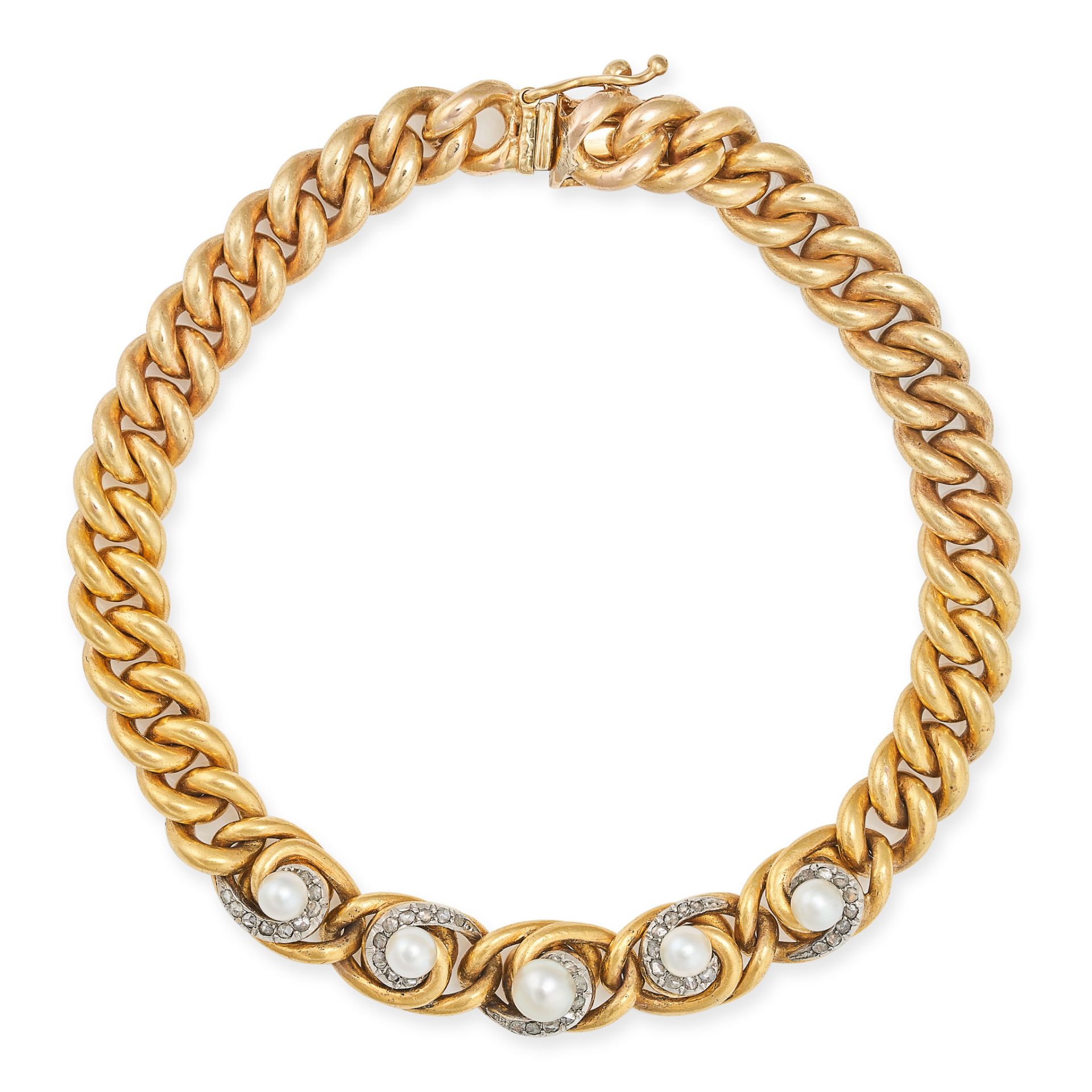AN ANTIQUE PEARL AND DIAMOND BRACELET in yellow gold, comprising a row of curb links, the central...