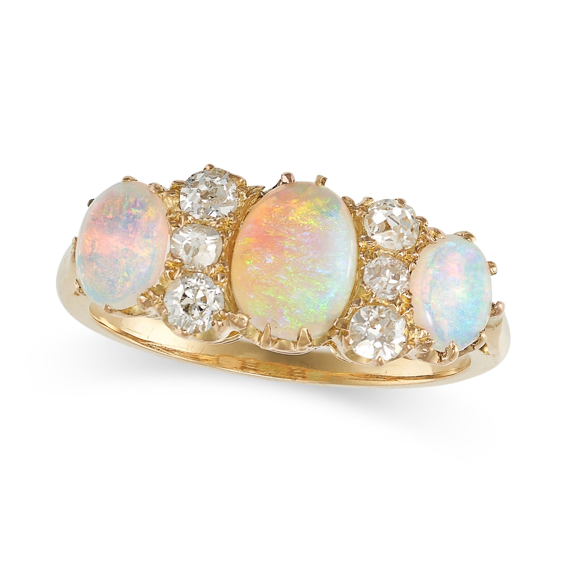 AN ANTIQUE VICTORIAN OPAL AND DIAMOND RING in yellow gold, set with three cabochon opals punctuat...