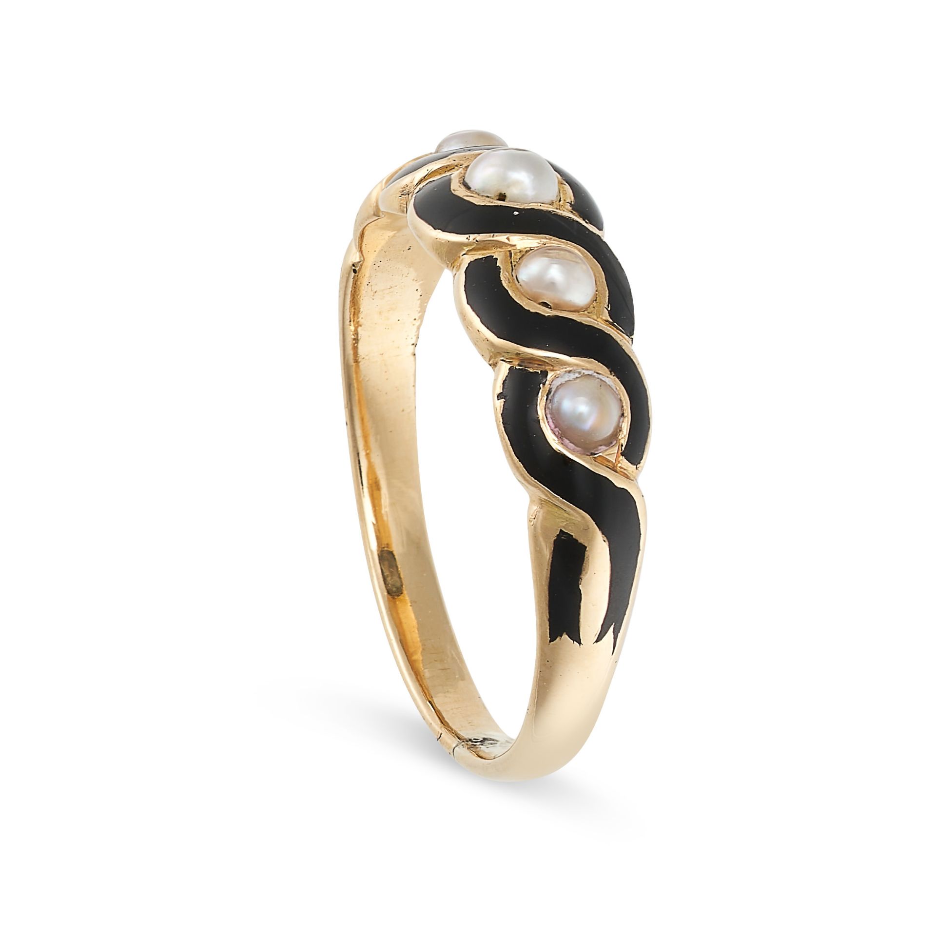 AN ANTIQUE PEARL AND ENAMEL RING in yellow gold, set with five pearls accented by black enamel, t... - Image 2 of 2