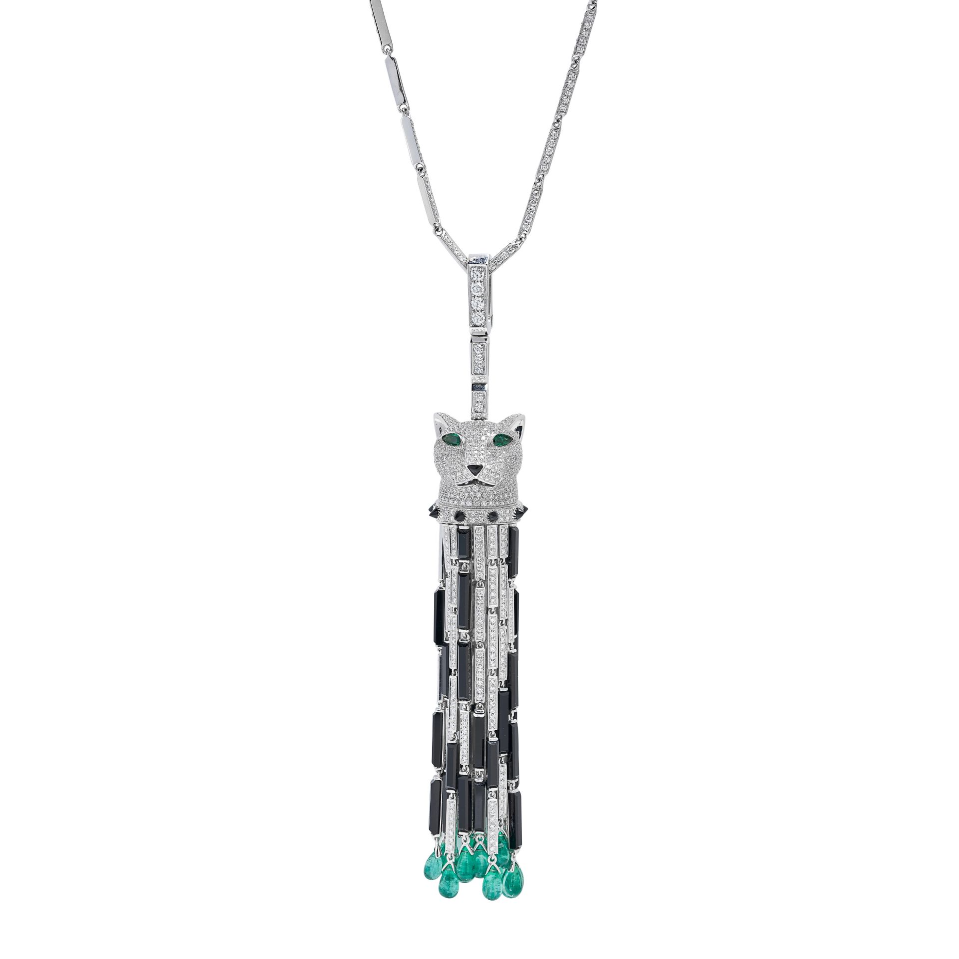 A DIAMOND, ONYX AND EMERALD PANTHER PENDANT NECKLACE in 18ct white gold, designed as a panthers h...