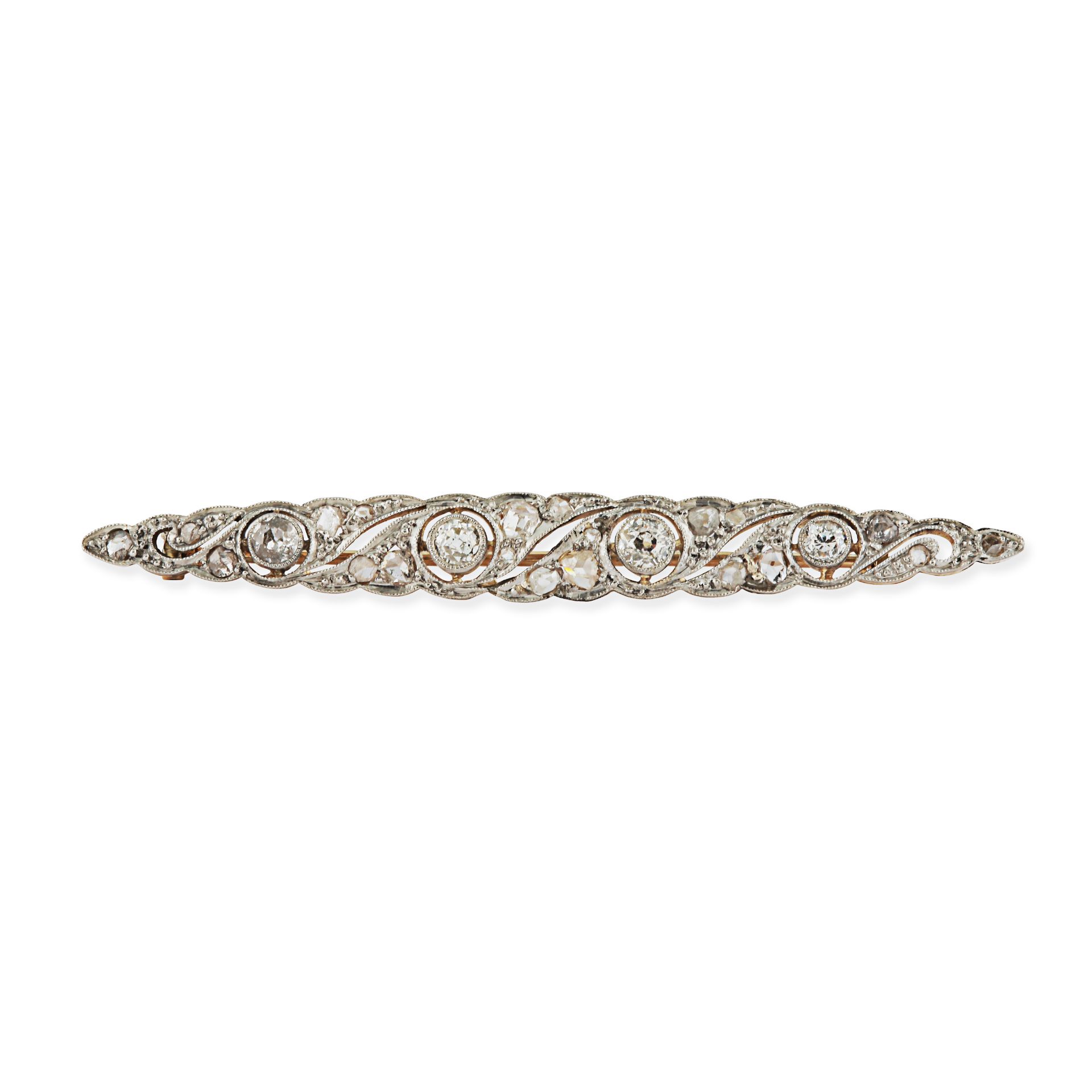 AN ANTIQUE DIAMOND BAR BROOCH in scrolling design, set throughout with old and rose cut diamonds,...