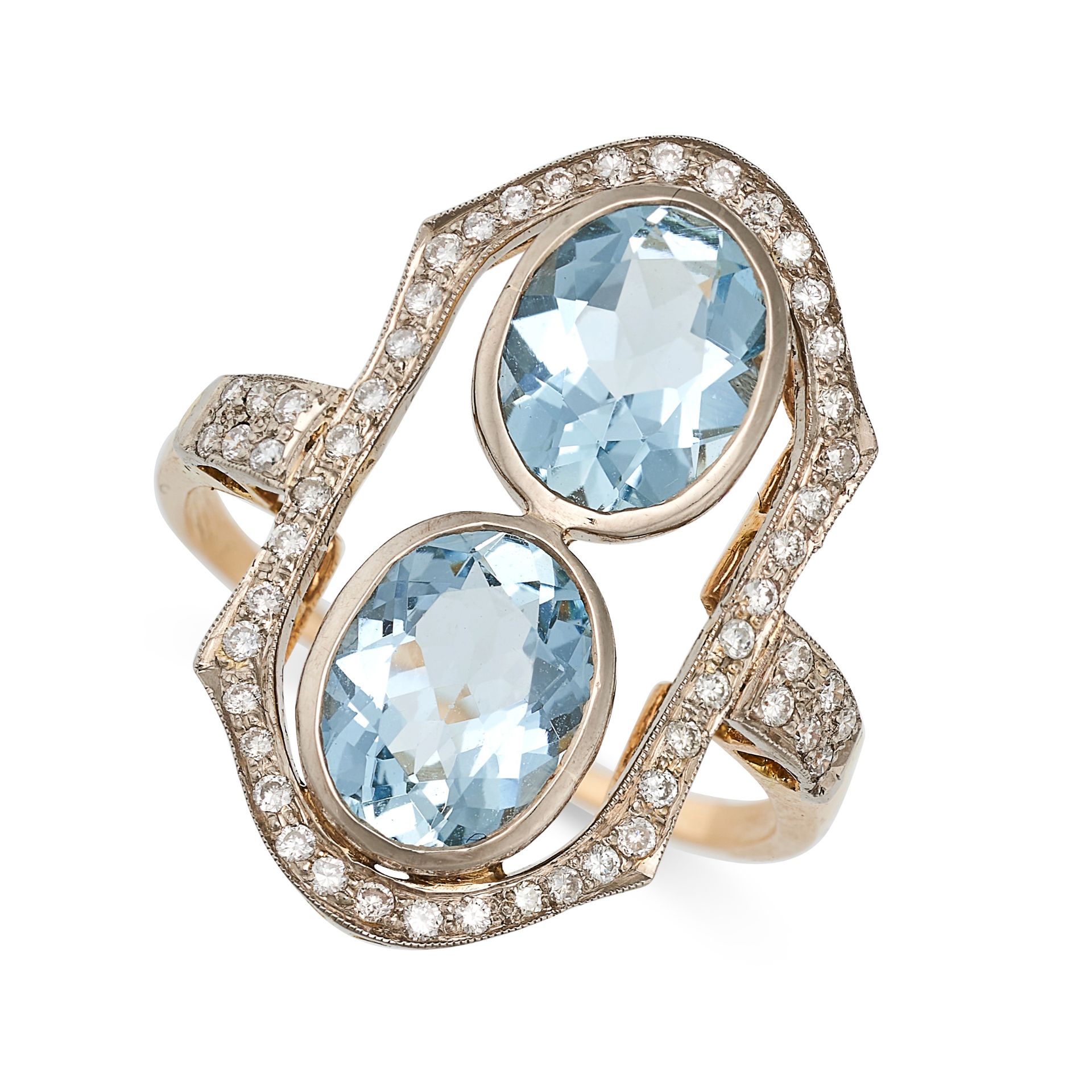 AN AQUAMARINE AND DIAMOND DRESS RING in 18ct rose gold, set with two oval cut aquamarines in a st...