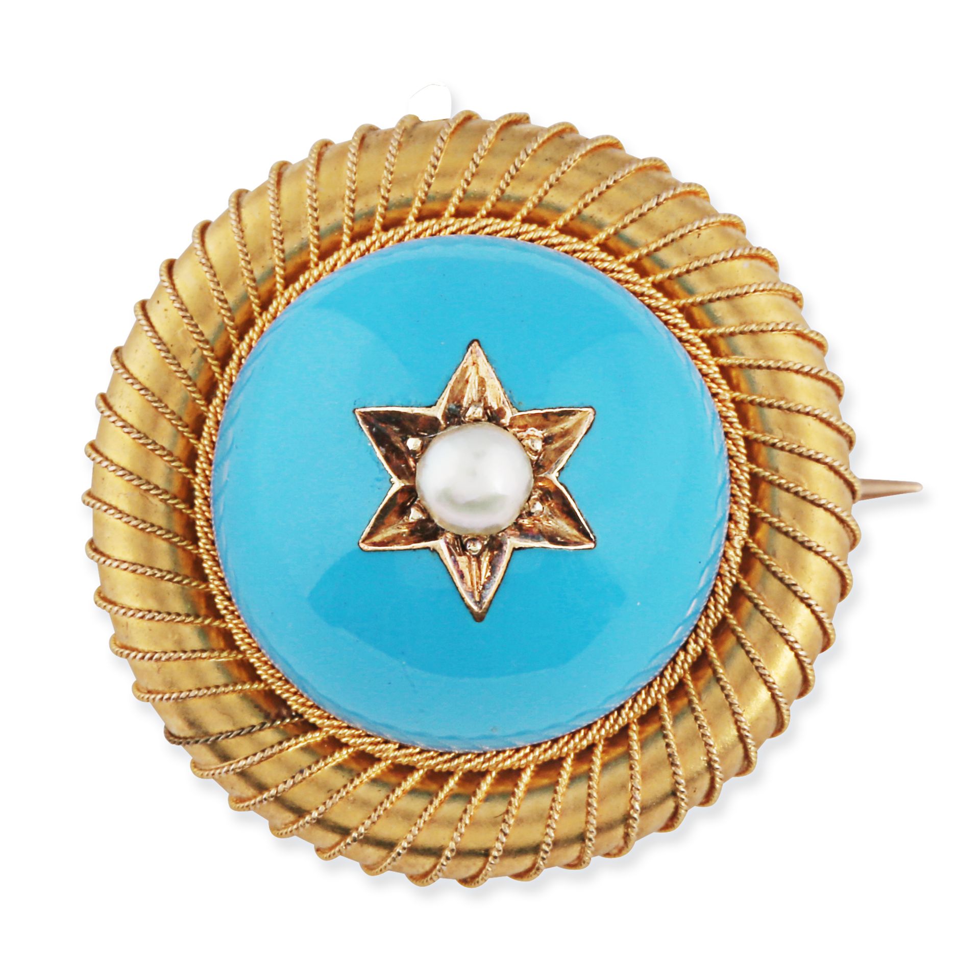 AN ANTIQUE VICTORIAN PEARL AND ENAMEL BROOCH / PENDANT in yellow gold, in circular form, the dome...