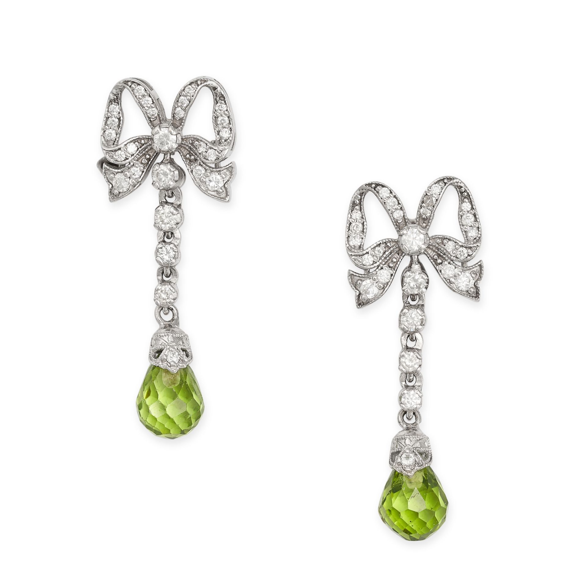 A PAIR OF PERIDOT AND DIAMOND DROP EARRINGS each designed as a ribbon tied as a bow, set with rou...