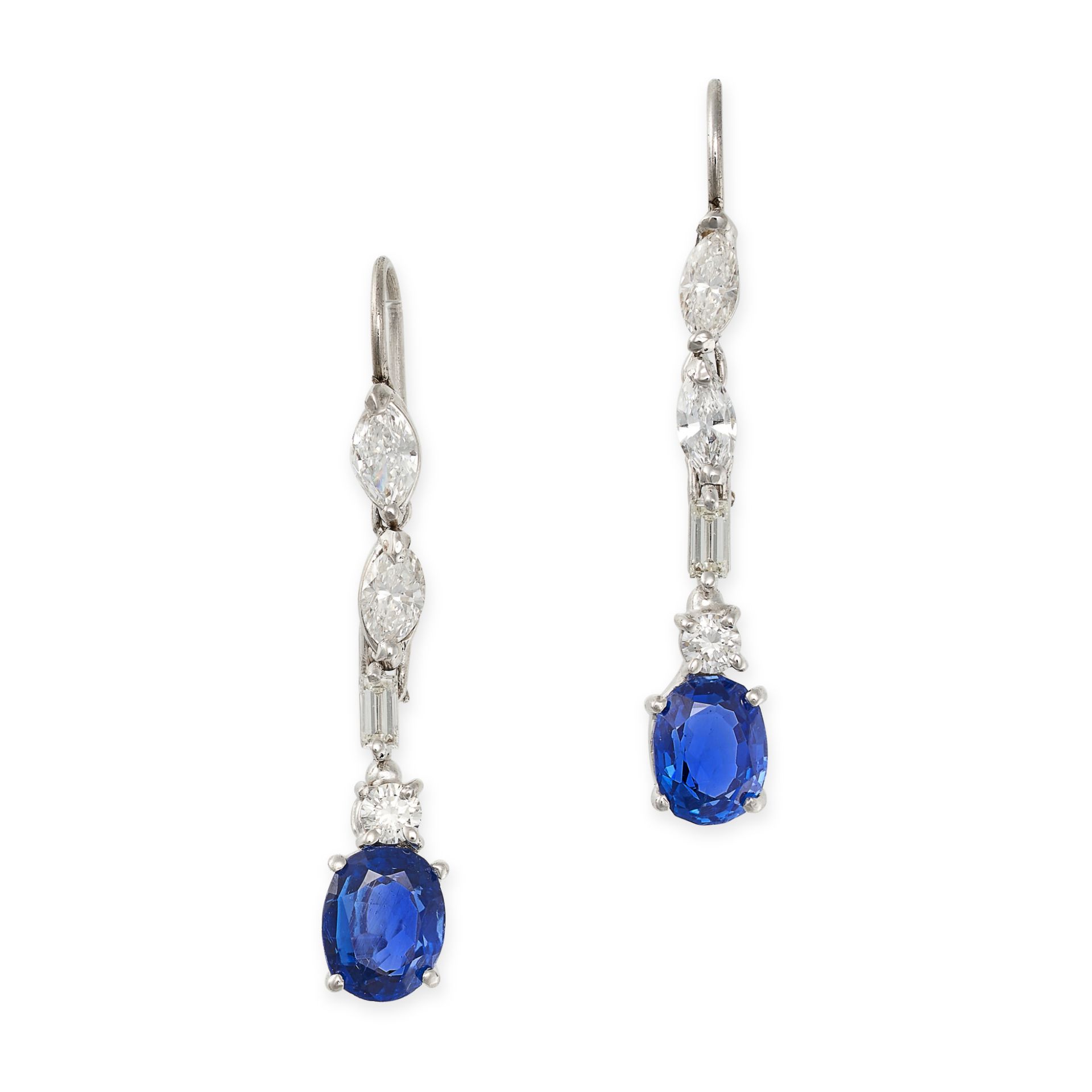 A PAIR OF SAPPHIRE AND DIAMOND DROP EARRINGS comprising a row of marquise, baguette and round bri...