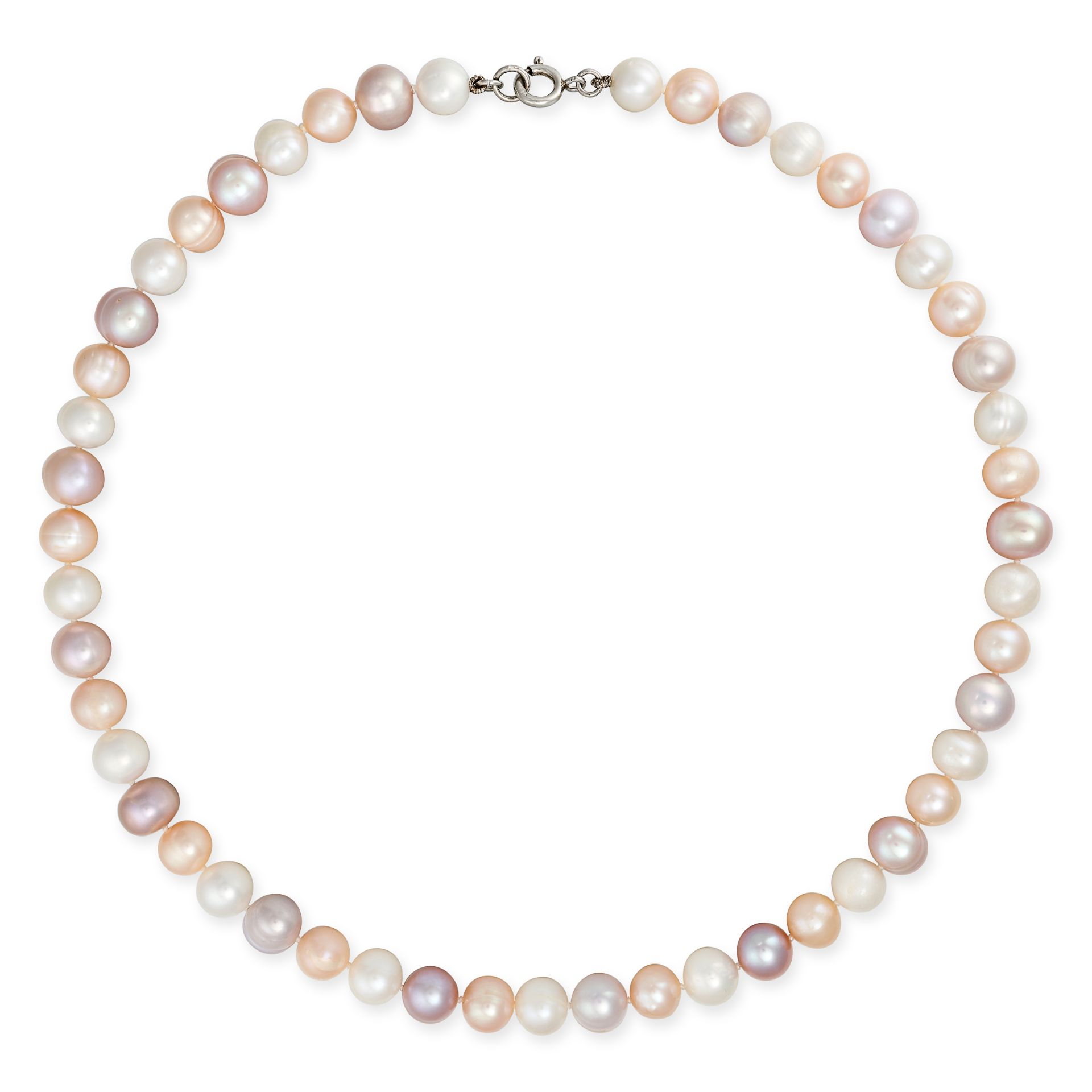 A PINK AND WHITE PEARL NECKLACE in silver, comprising a single row of grey and white pearls, stam...