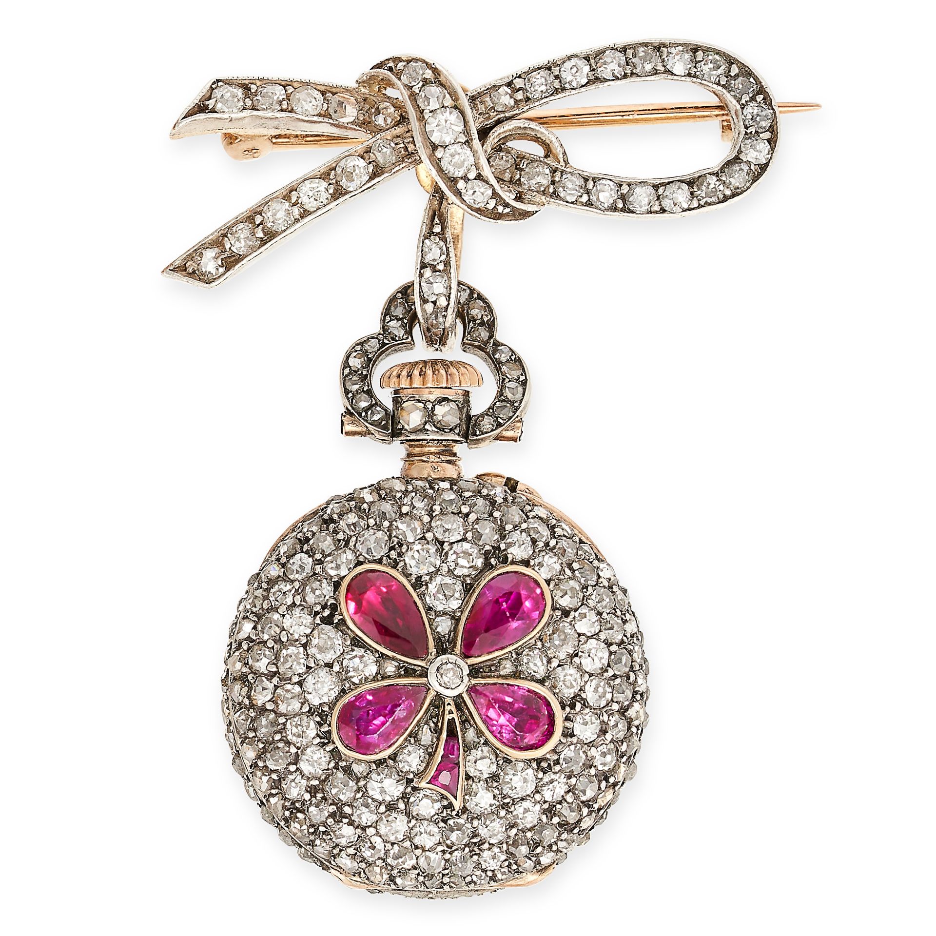AN ANTIQUE FRENCH RUBY AND DIAMOND POCKET WATCH in 18ct yellow gold and silver, the hinged case w...