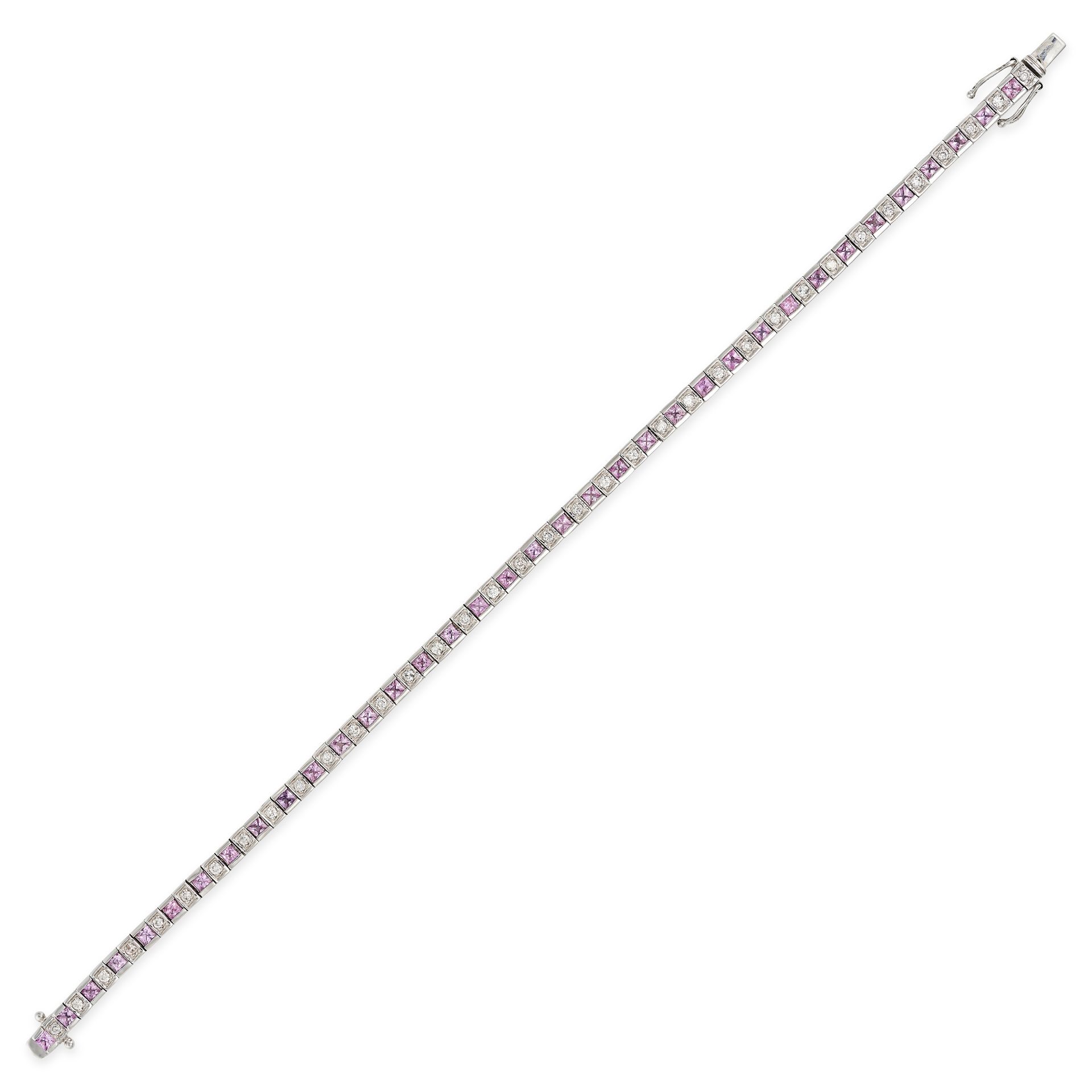 A PINK SAPPHIRE AND DIAMOND LINE BRACELET in 18ct white gold, set with a row of alternating squar...