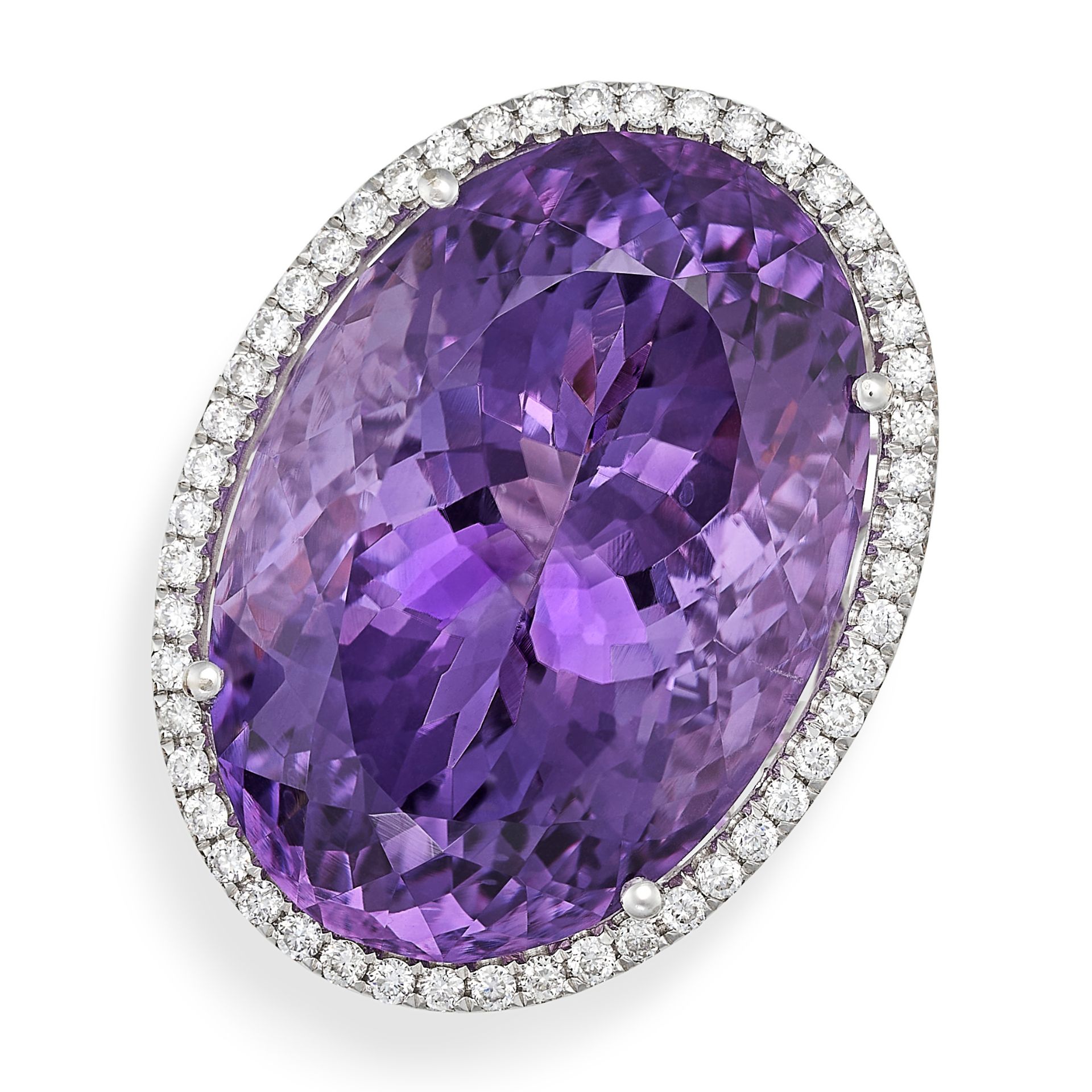 AN AMETHYST AND DIAMOND CLUSTER RING in 14ct white gold, set with an oval cut amethyst of approxi...