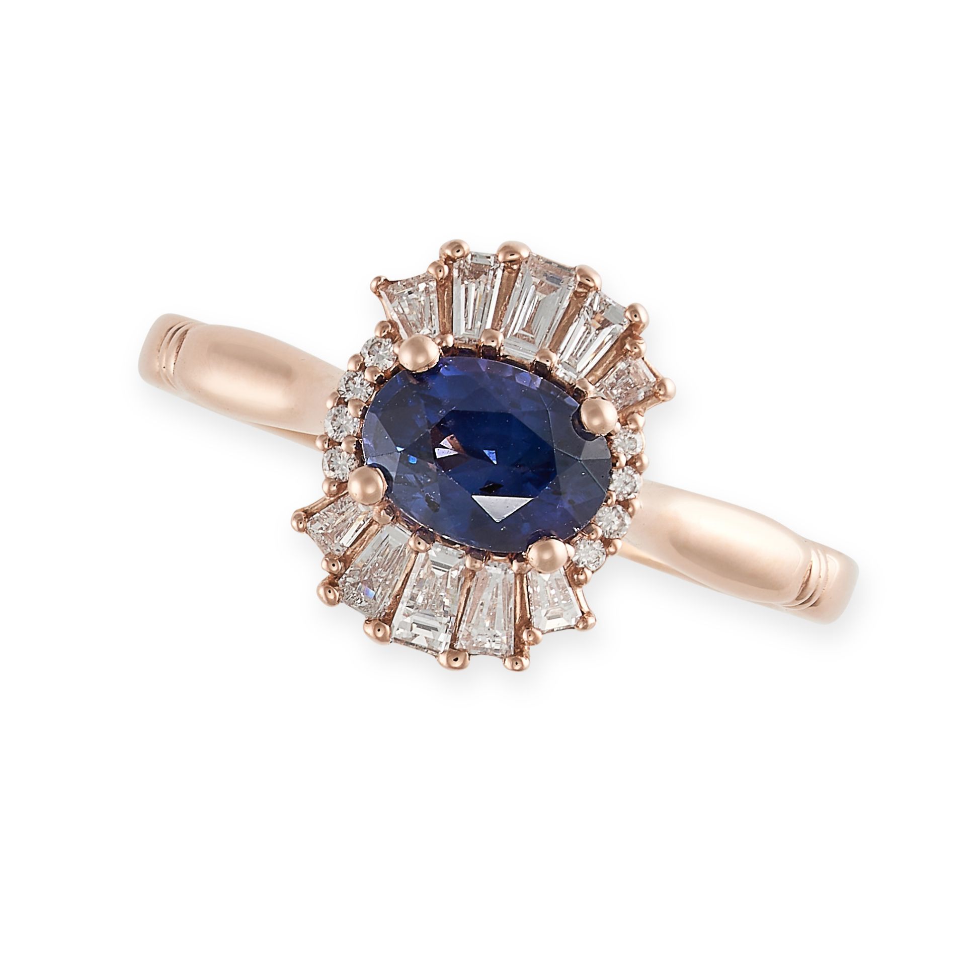 AN UNHEATED COLOUR CHANGE SAPPHIRE AND DIAMOND RING in 14ct rose gold, set with an oval mixed cut...