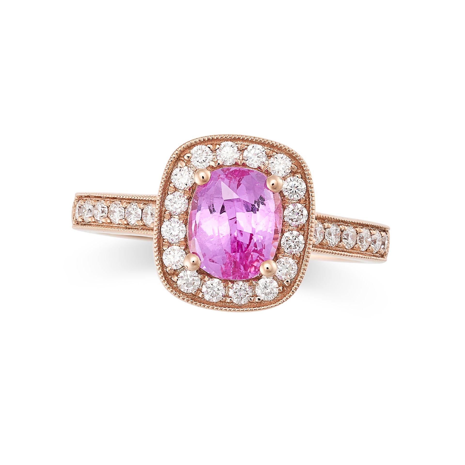 A PINK SAPPHIRE AND DIAMOND CLUSTER RING in 18ct rose gold, set to the centre with a cushion cut ...