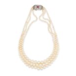 A THREE ROW PEARL, DIAMOND AND RUBY NECKLACE comprising three rows of graduated pearls, the clasp...