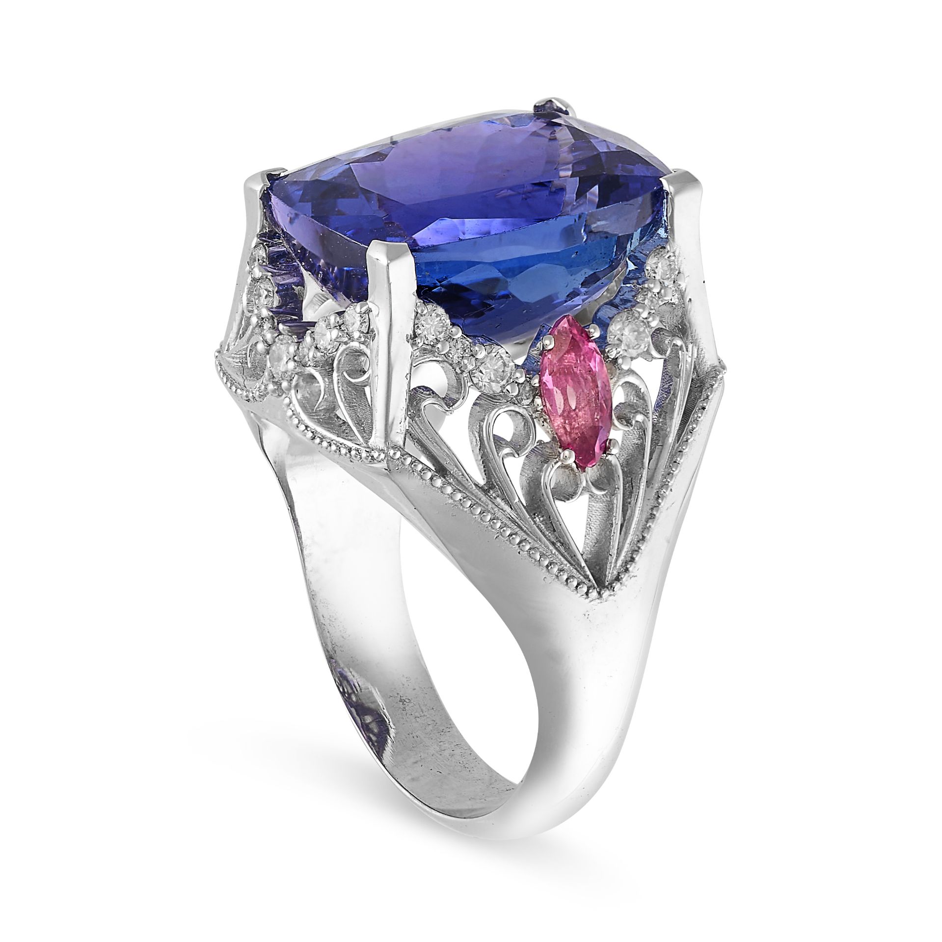 A TANZANITE, PINK TOURMALINE AND DIAMOND DRESS RING set with a cushion shaped tanzanite of 11.28 ... - Bild 2 aus 2