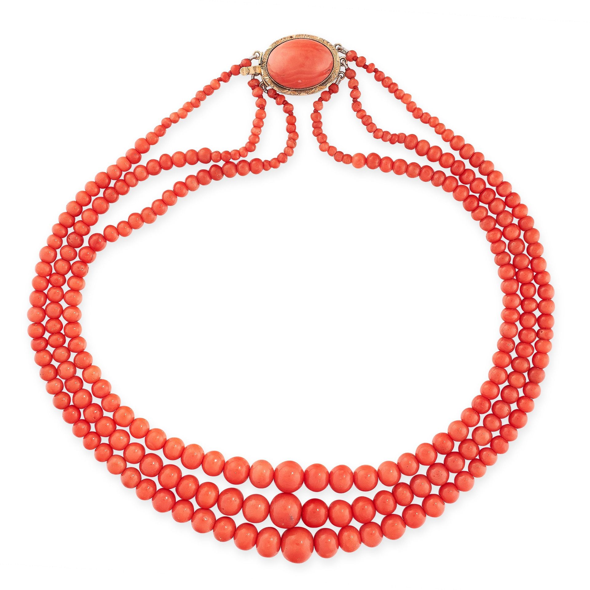 A VINTAGE CORAL BEAD NECKLACE in 18ct yellow gold, comprising three rows of graduated polished co...