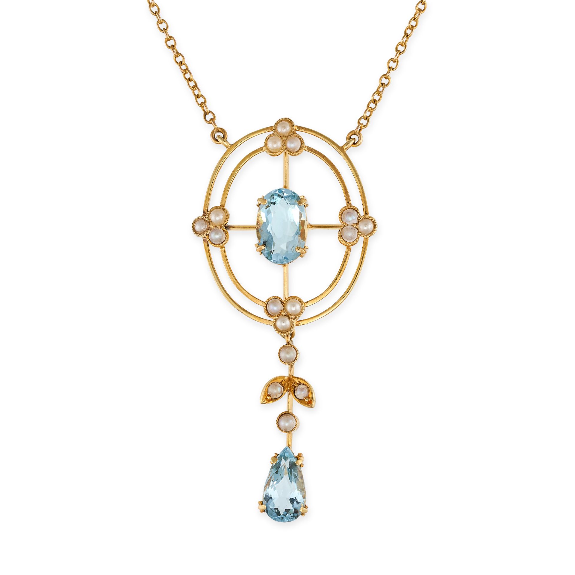 AN ANTIQUE EDWARDIAN AQUAMARINE AND PEARL NECKLACE