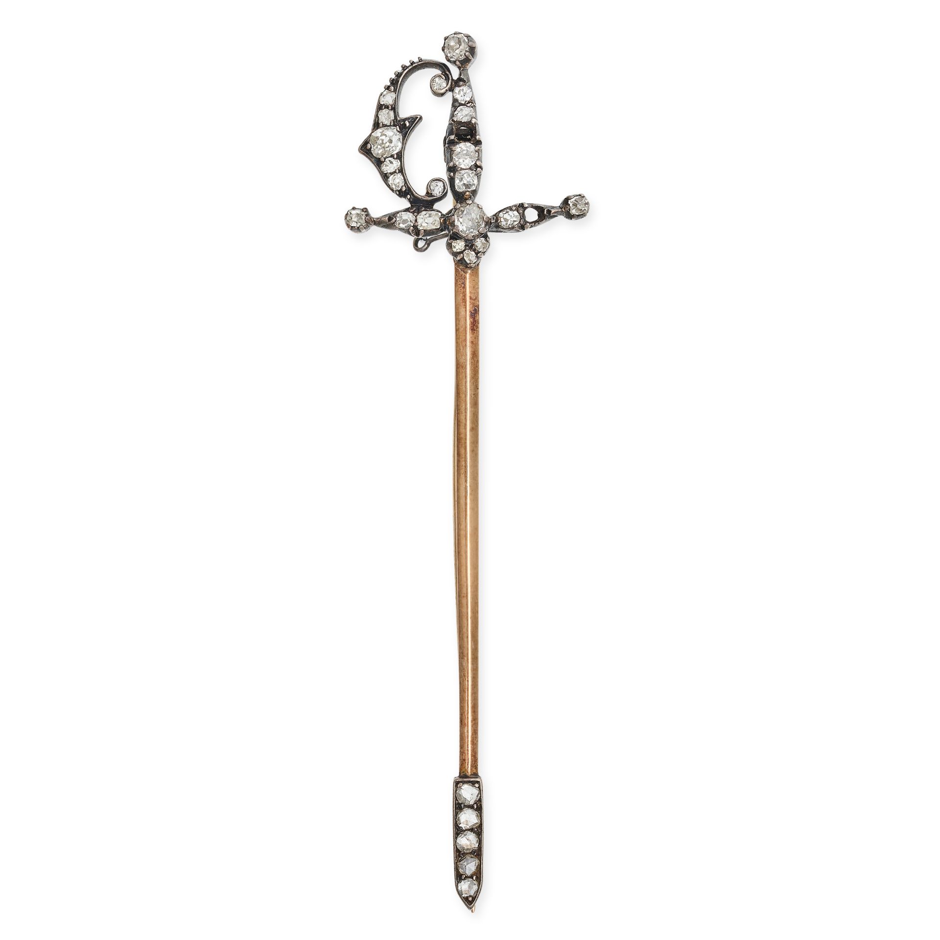 AN ANTIQUE VICTORIAN DIAMOND SWORD BROOCH in yellow gold and silver, set with old mine and rose c...