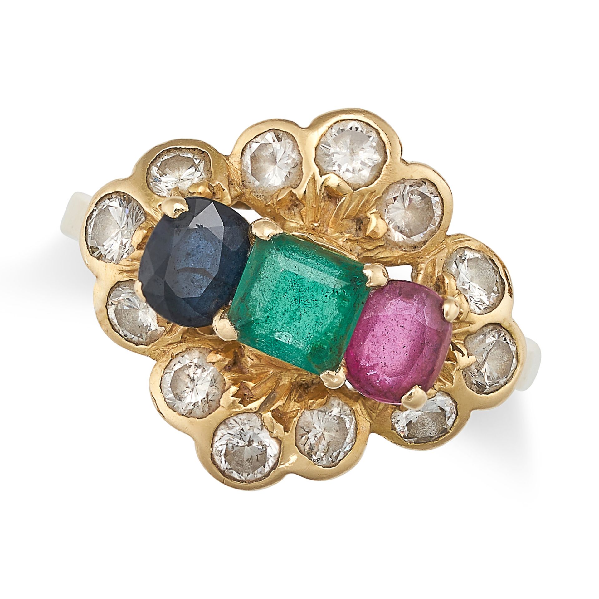 A SAPPHIRE, EMERALD, RUBY AND DIAMOND RING in 18ct yellow gold, set with a square step cut emeral...