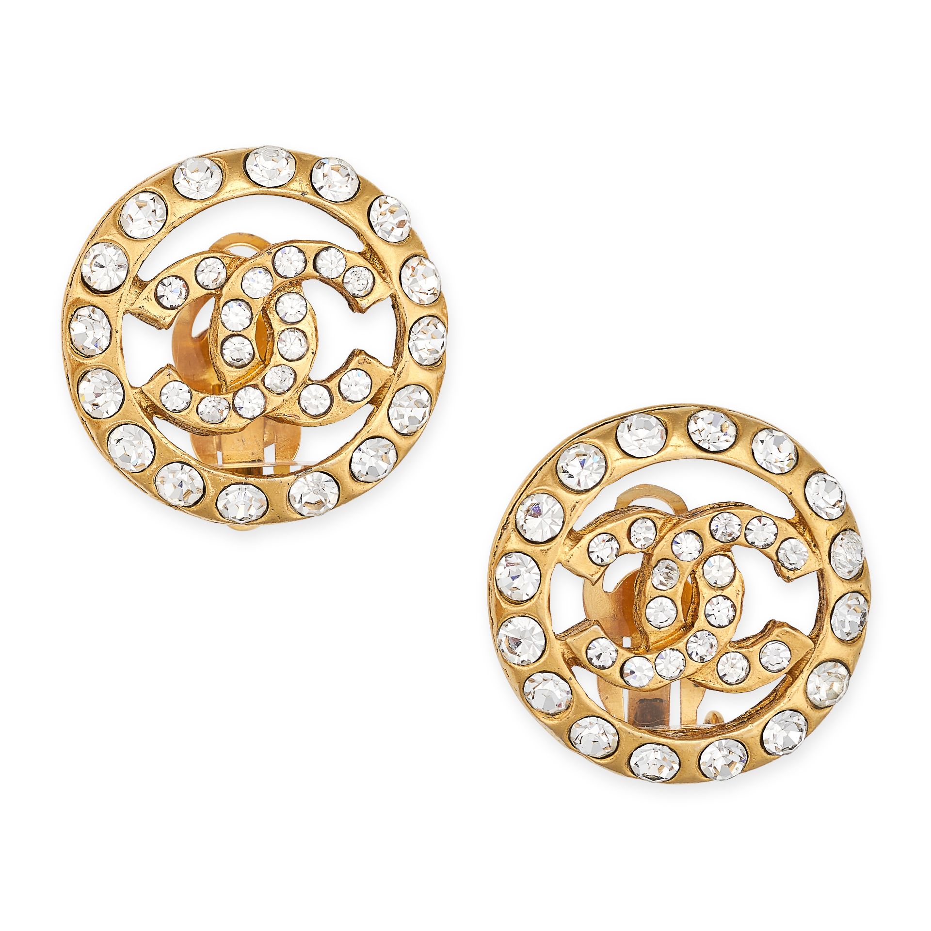 NO RESERVE - CHANEL, A PAIR OF VINTAGE RHINESTONE CLIP EARRINGS each with an interlocking CC moti...