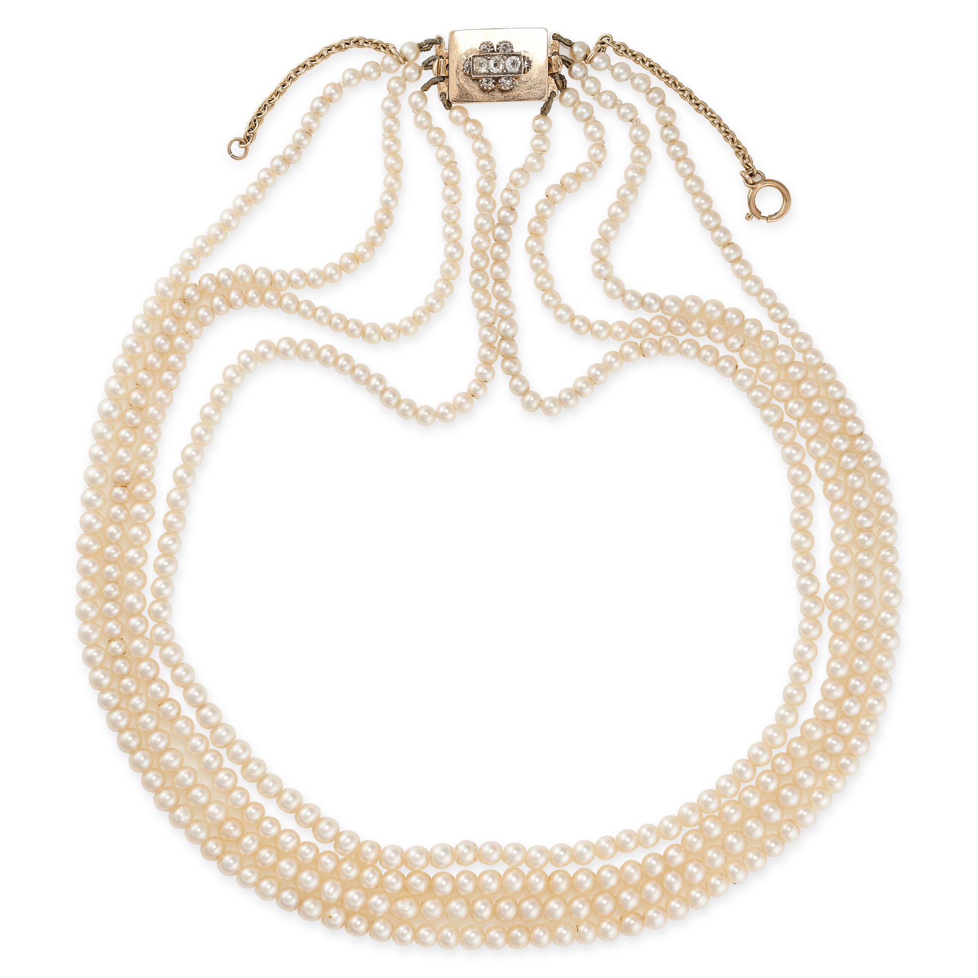 AN ANTIQUE NATURAL SALTWATER PEARL AND DIAMOND NECKLACE in yellow gold, comprising four graduated...