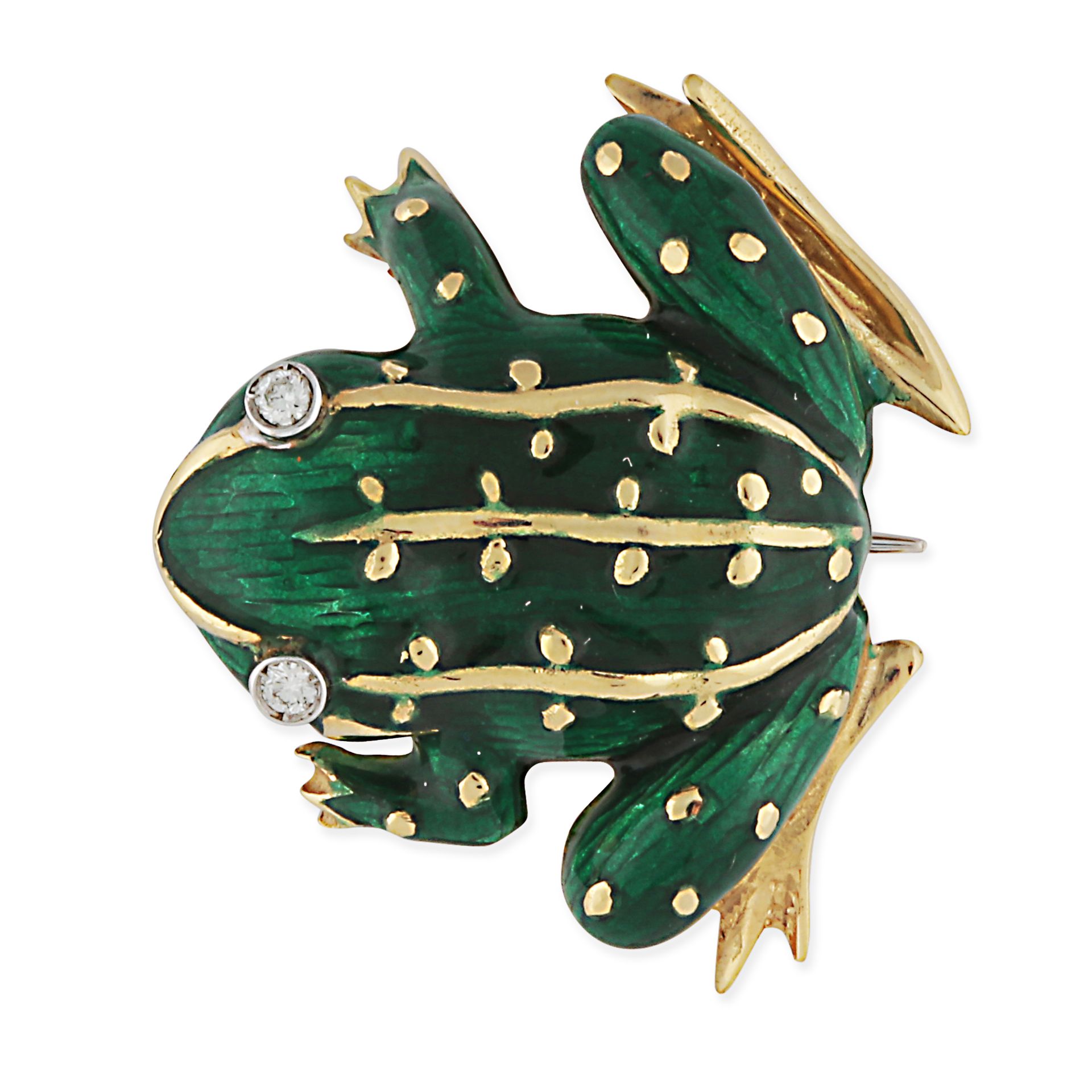 A DIAMOND AND ENAMEL FROG BROOCH in 18ct yellow gold, designed as a frog decorated with green gui...