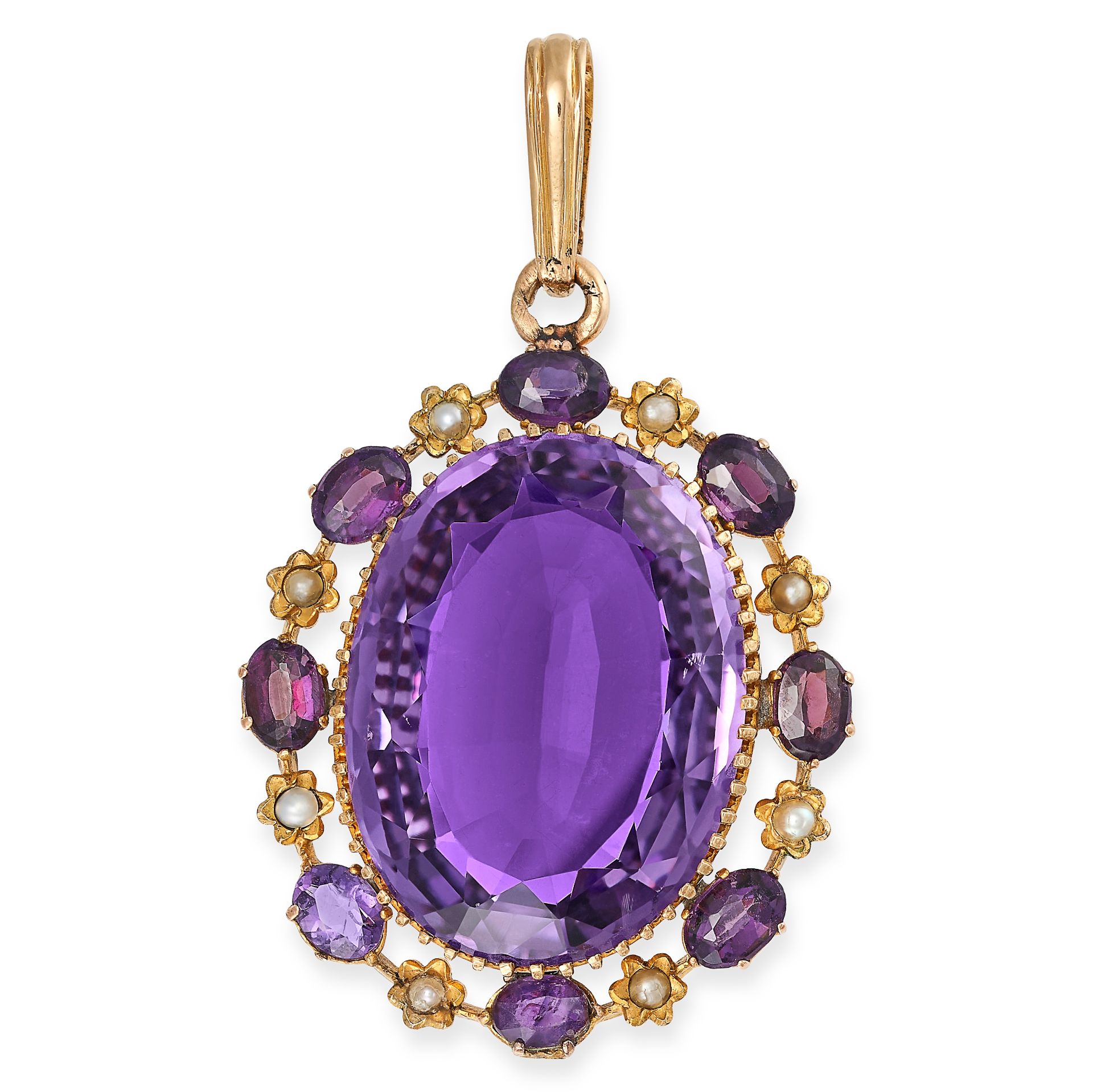 AN AMETHYST AND PEARL PENDANT in yellow gold, set with an oval cut amethyst of approximately 26.8...