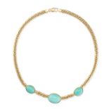 A TURQUOISE NECKLACE in 18ct yellow gold, the curb link necklace set with three oval cabochon tur...