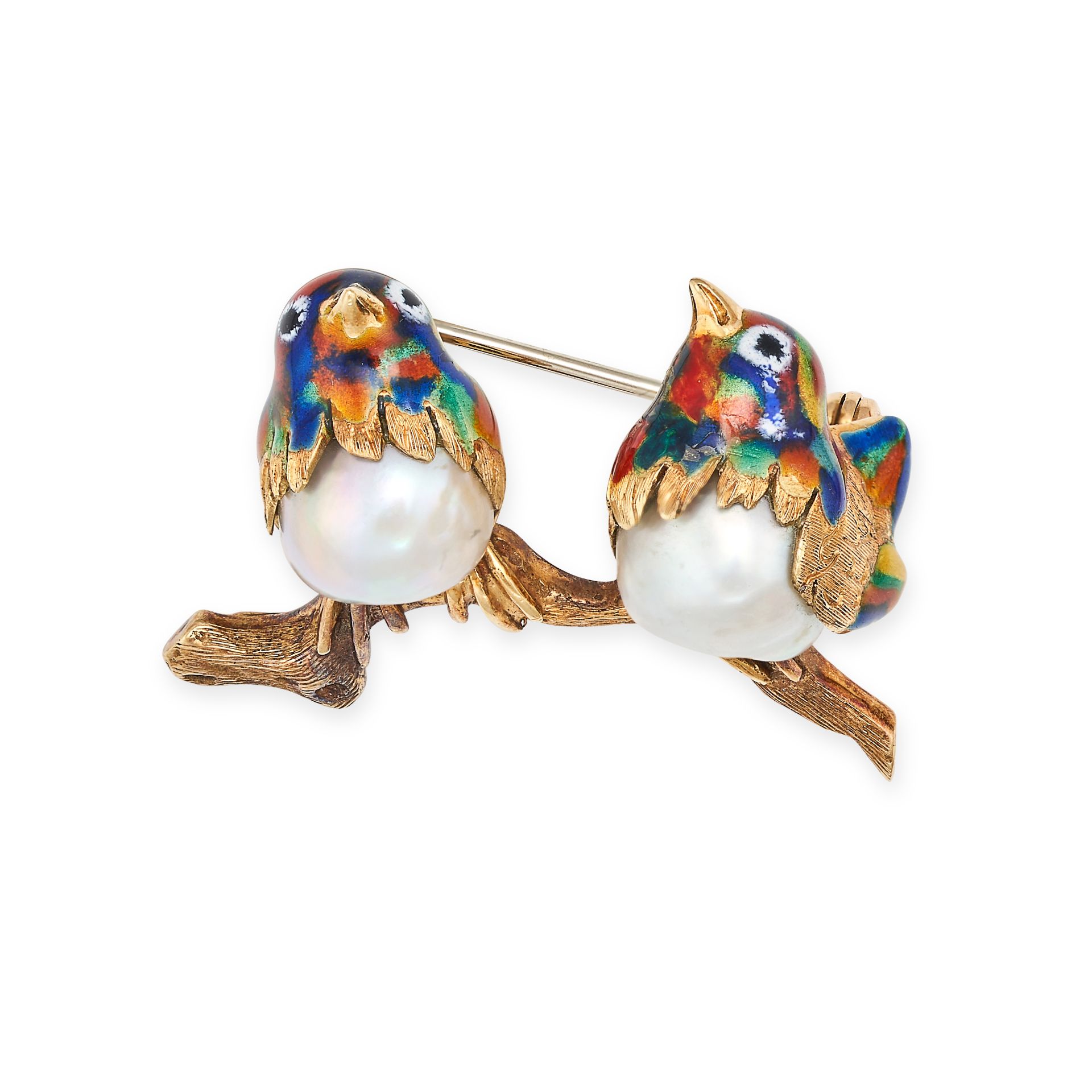 A VINTAGE ENAMEL AND PEARL BIRD BROOCH in 18ct yellow gold, designed as two birds perched on a br...