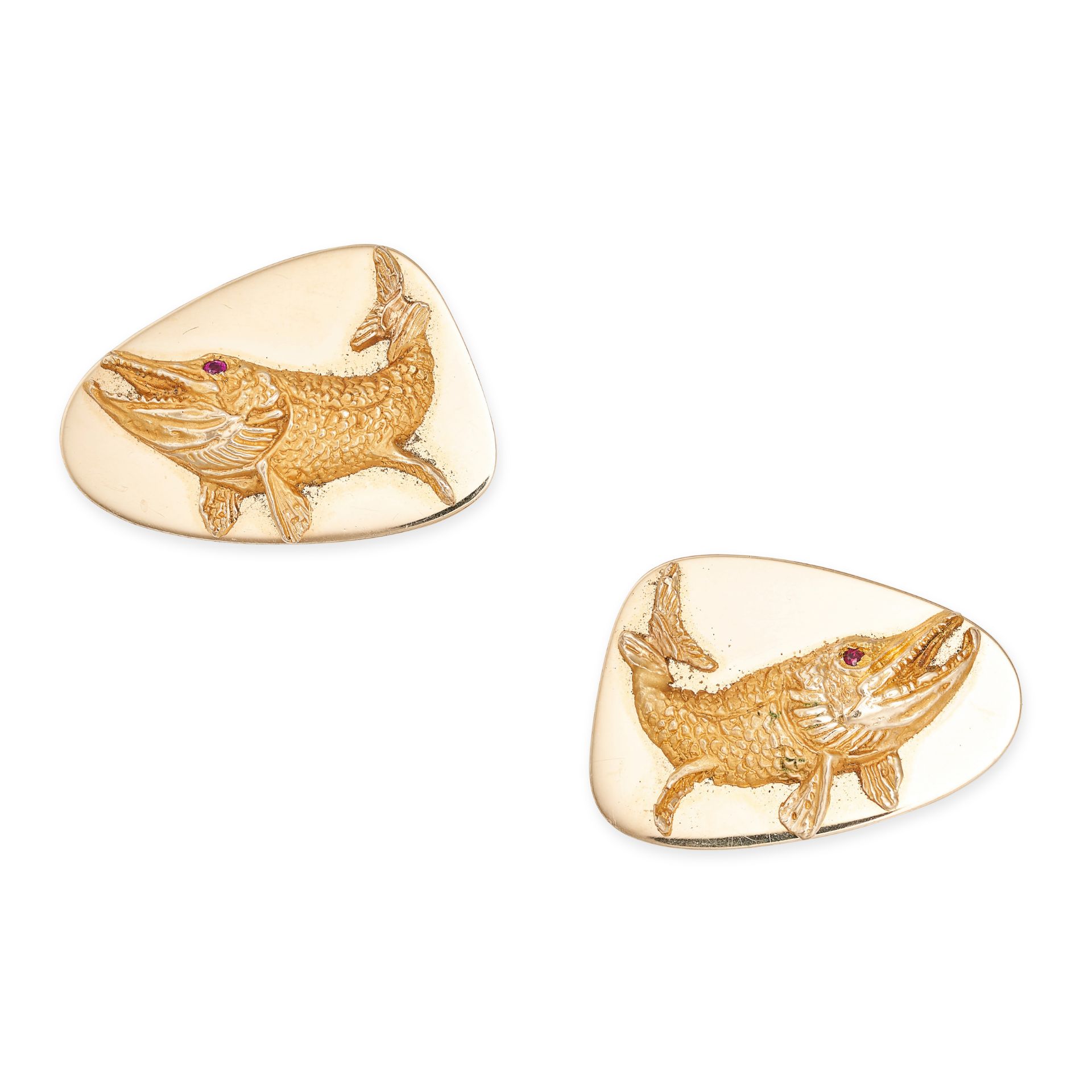 TIFFANY & CO., A PAIR OF VINTAGE RUBY FISH CUFFLINKS in 14ct yellow gold, each with a textured fi...